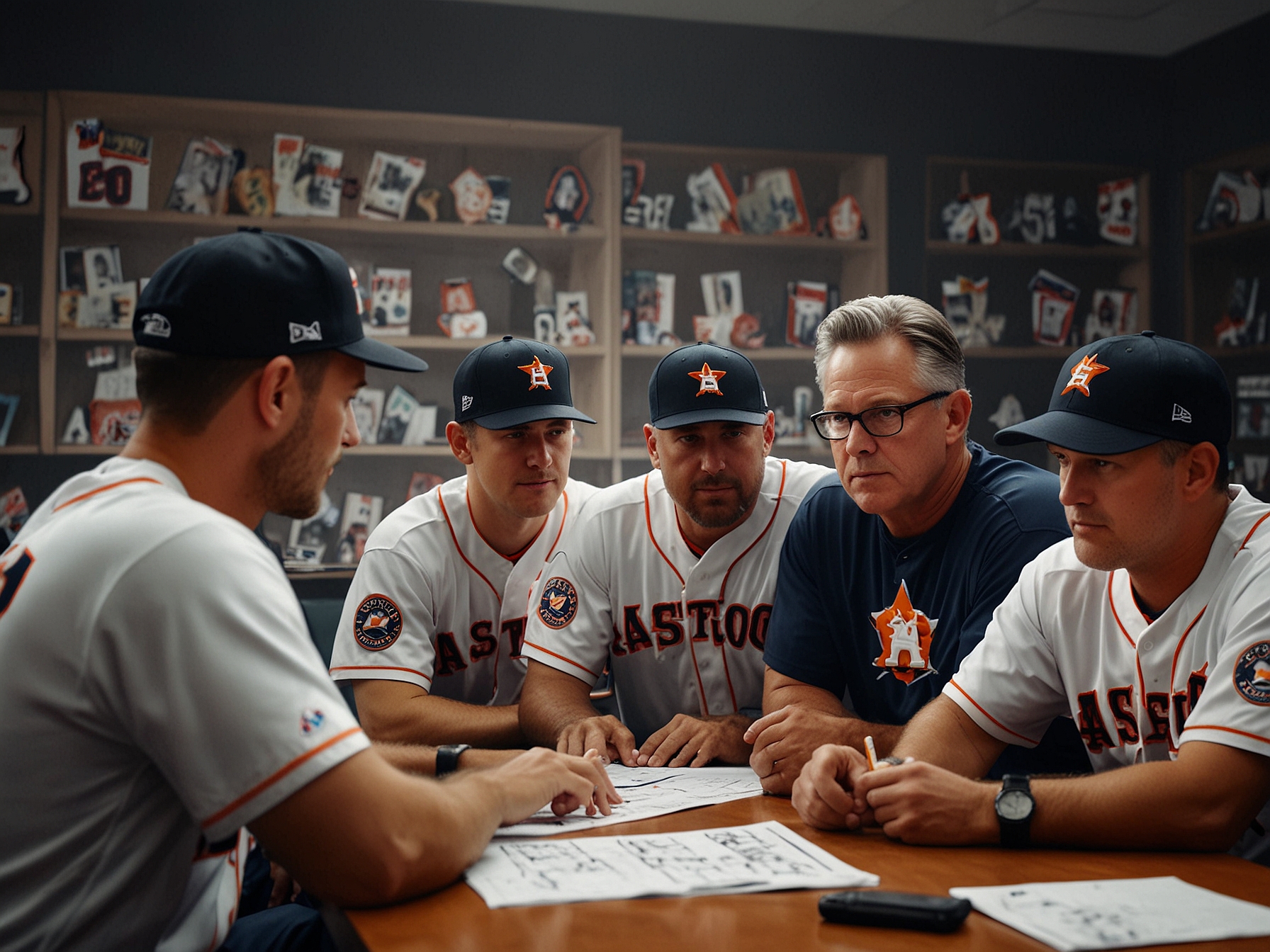 Astros' manager and coaching staff discuss strategy with Bryan King during a team meeting. His promotion reflects the team's confidence in integrating home-grown talent for a successful season.