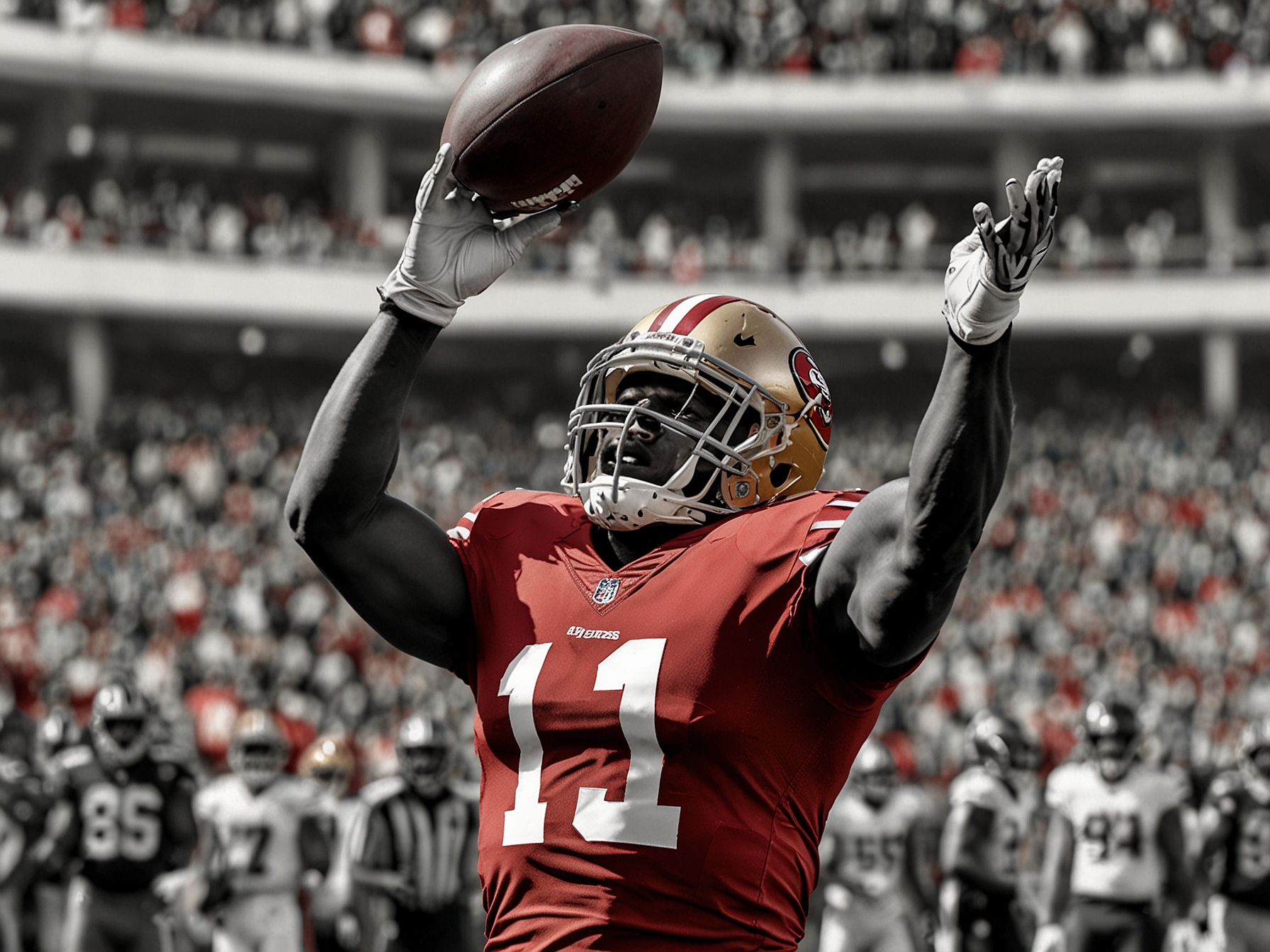 Brandon Aiyuk in action, making a spectacular catch during a San Francisco 49ers game, symbolizing his crucial role and athletic contributions to the team.