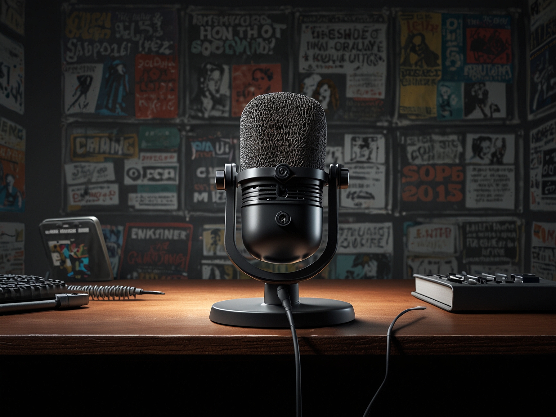 A podcast setup, with microphones and headphones, highlighting Slate's use of multimedia storytelling through popular podcasts like 'Trumpcast' and 'The Gist' to reach a broader audience.