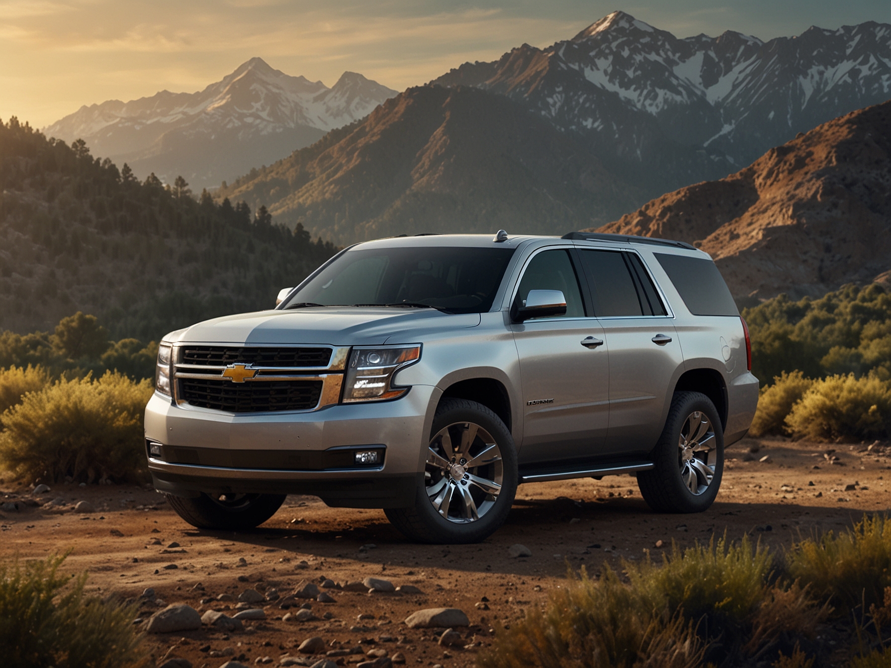 A 2024 Chevrolet Tahoe is shown on a rugged terrain, highlighting its spacious interior and powerful V8 engine. The image emphasizes the vehicle's advanced tech features and robust design.