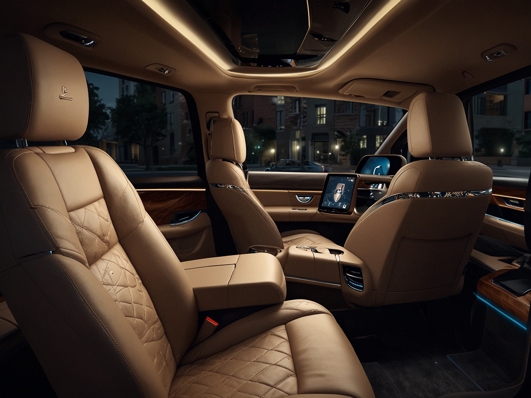 The luxurious interior of a 2024 Cadillac Escalade, showcasing leather seating and the augmented reality-enabled navigation system, which projects visual route guidance directly onto the windshield.