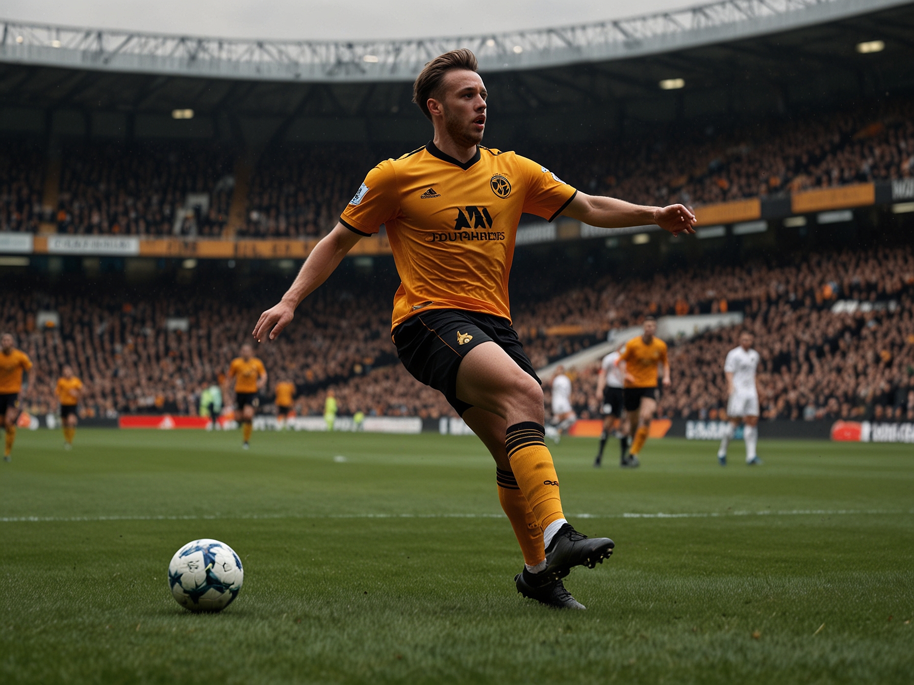 Depiction of Max Kilman in action for Wolverhampton Wanderers, showcasing his strong aerial presence and defensive skills, which have attracted attention from Manchester United.