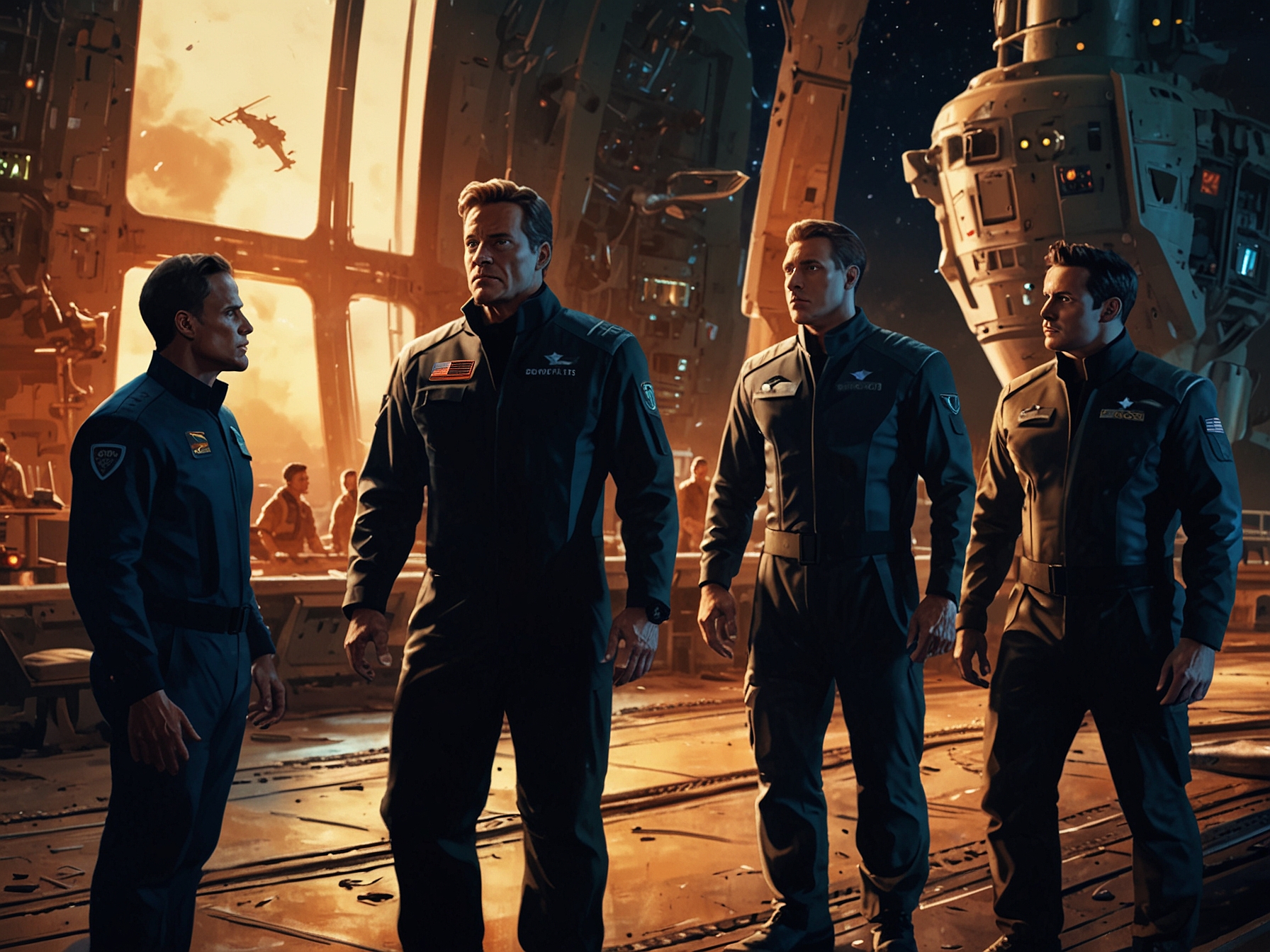 A vibrant scene showing the main crew of the U.S.S. Cerritos in action, including Mariner, Boimler, Tendi, and Rutherford, symbolizing their growth and camaraderie as they prepare for high-stakes missions in Season 5.
