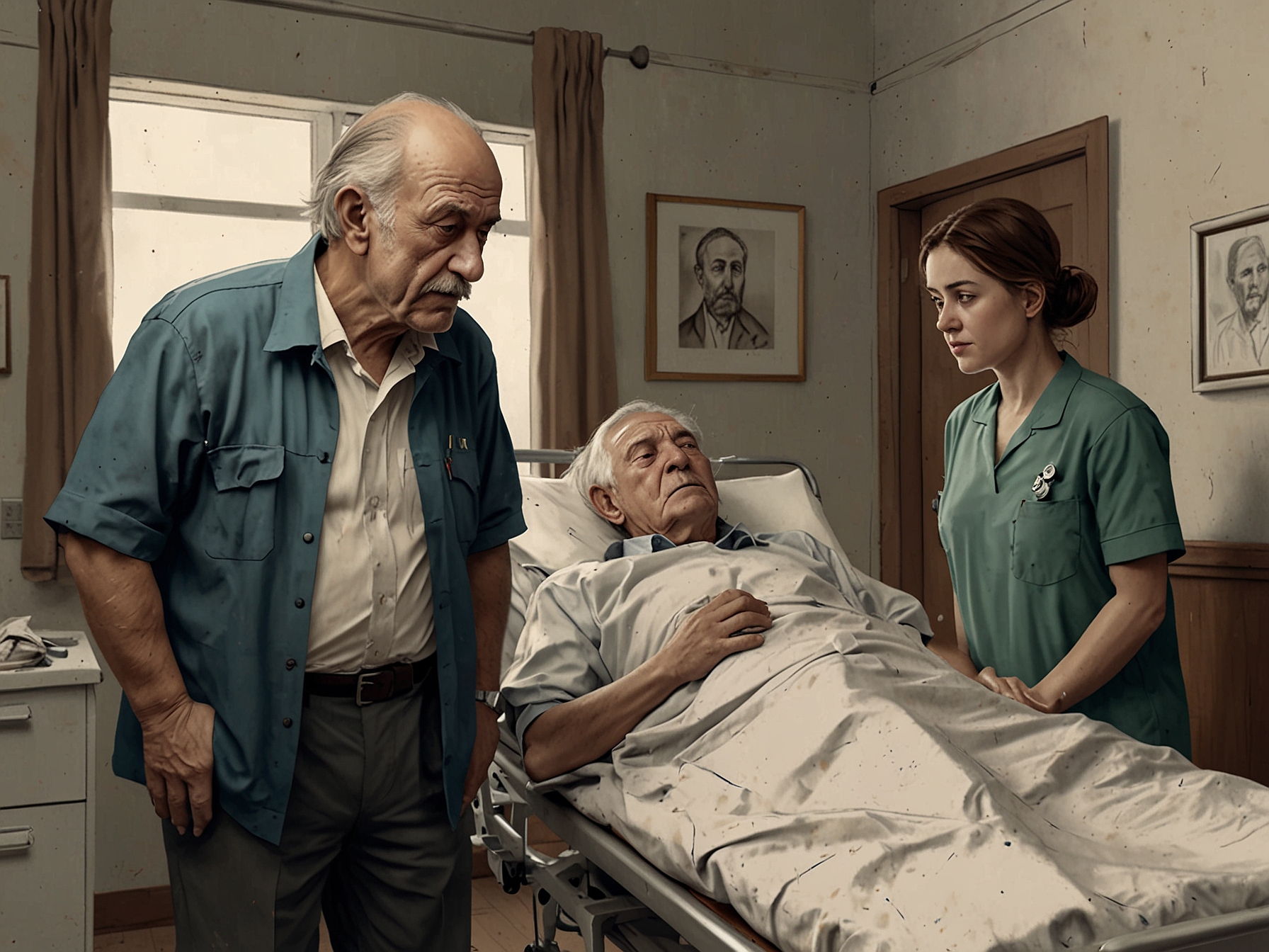 A distressed family in a Turkish hospital looking worried as the grandfather receives intensive medical care. The scene emphasizes the sudden and harrowing nature of medical emergencies while traveling.