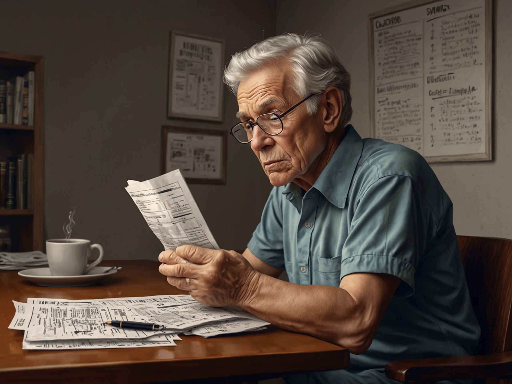 An elderly person looking at medical bills and prescription costs with a concerned expression, illustrating the financial challenges seniors face despite COLA adjustments in Social Security benefits.