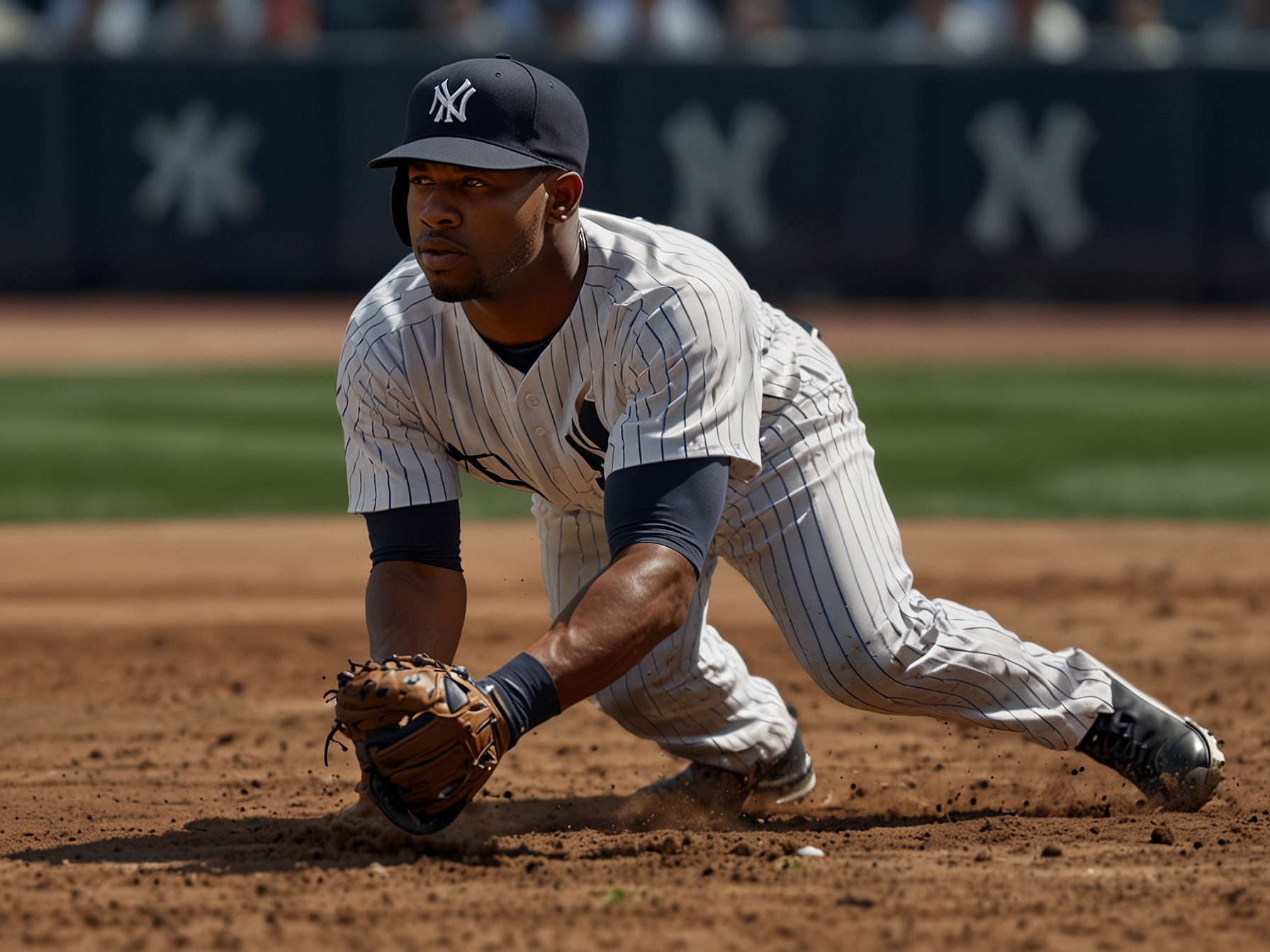 A close-up image of a determined Yankees second baseman fielding a ground ball, representing the team's relief in avoiding a major injury but emphasizing the need for more dependable infield support.
