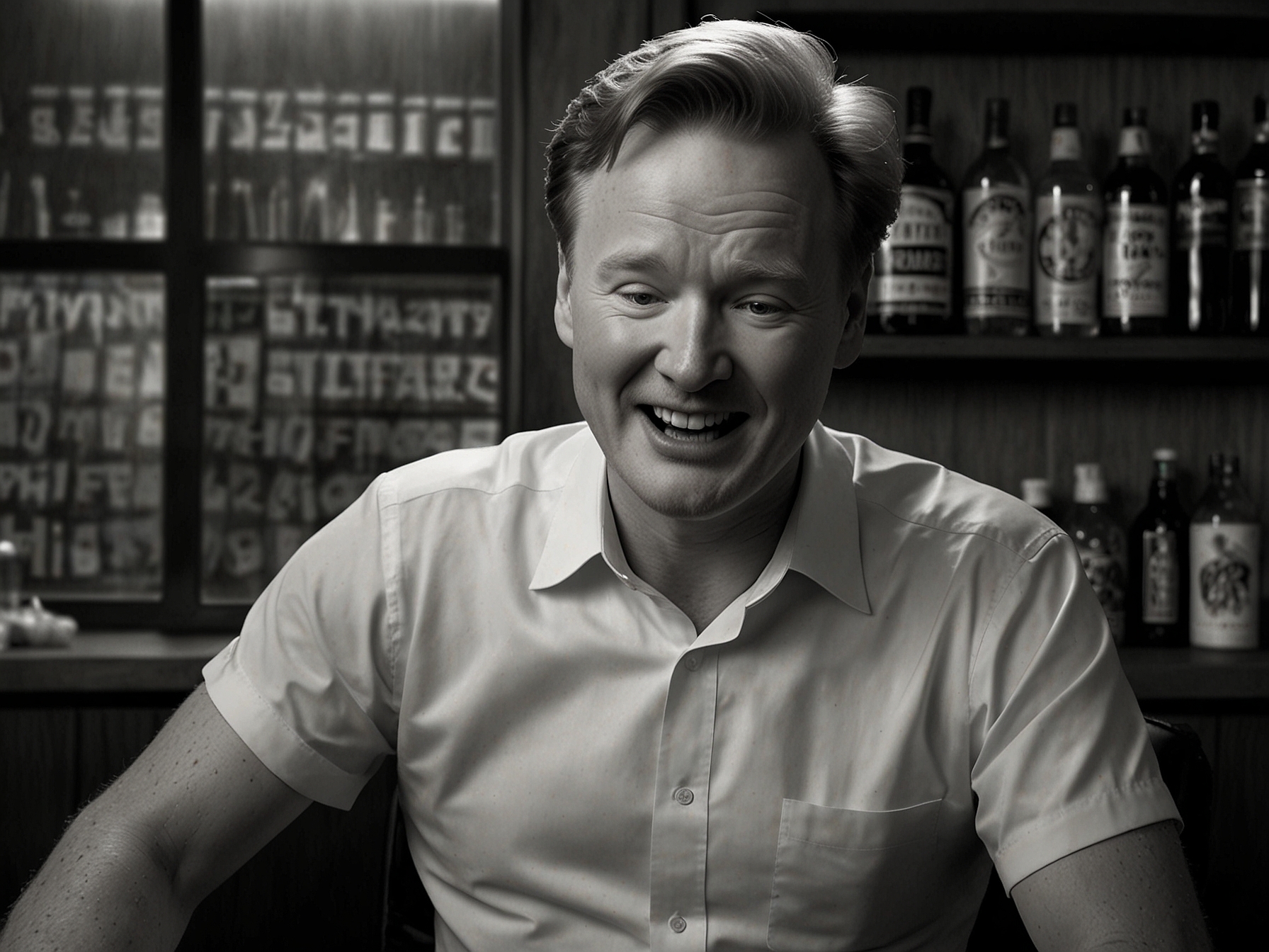 Conan O'Brien sweating and laughing while eating a spicy chicken wing during his appearance on 'Hot Ones', capturing the mix of humor and pain.
