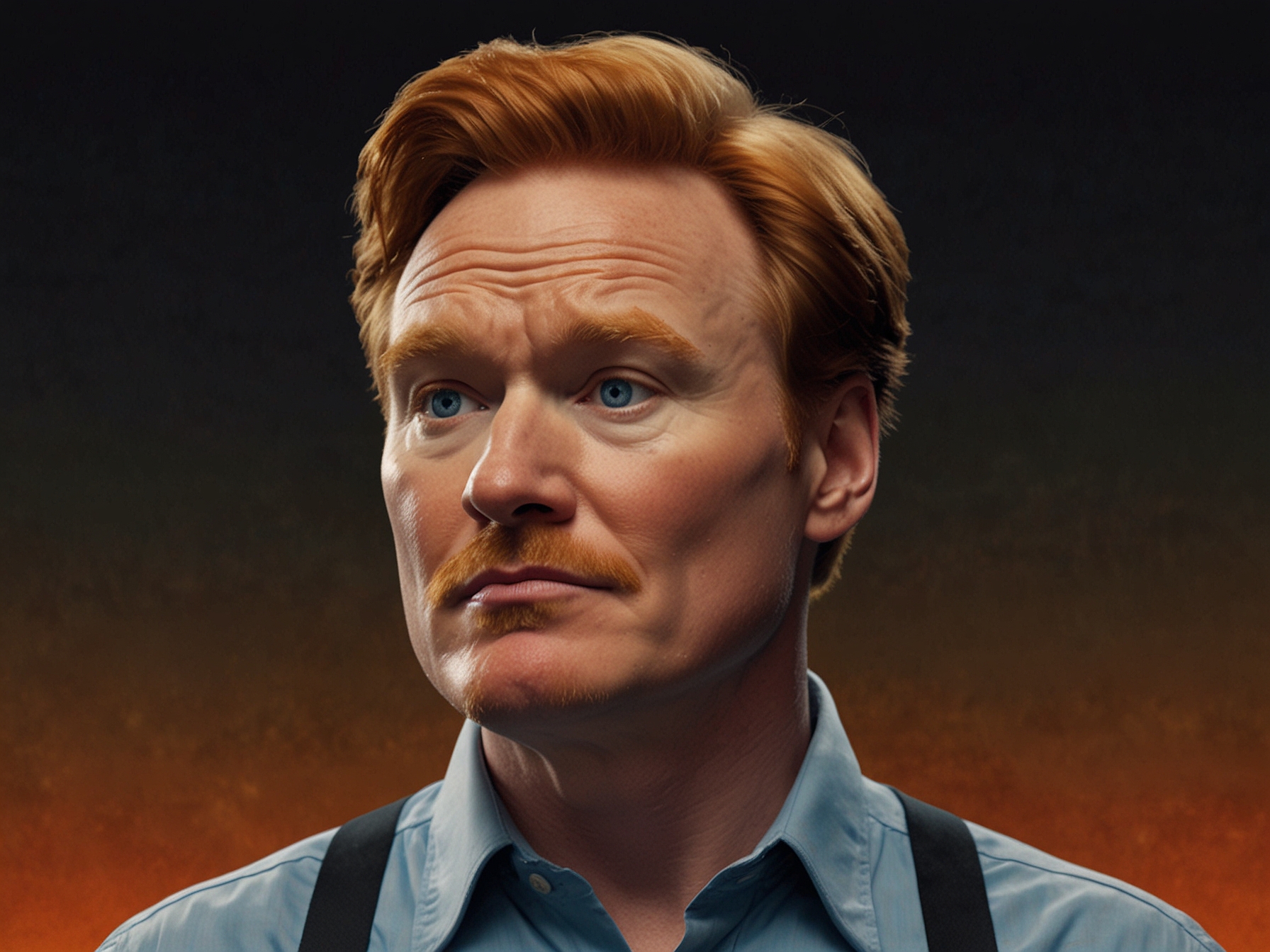 A close-up shot of Conan O'Brien making a funny, pained facial expression as he experiences the intense heat of the 'wings of death' on 'Hot Ones'.