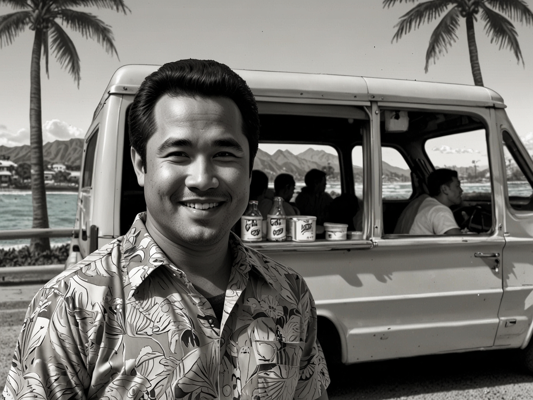 A heartfelt tribute image featuring Taylor Wily as Kamekona Tupuola from 'Hawaii Five-0', showing him at his iconic shrimp truck, symbolizing his cheerful personality and cultural impact.