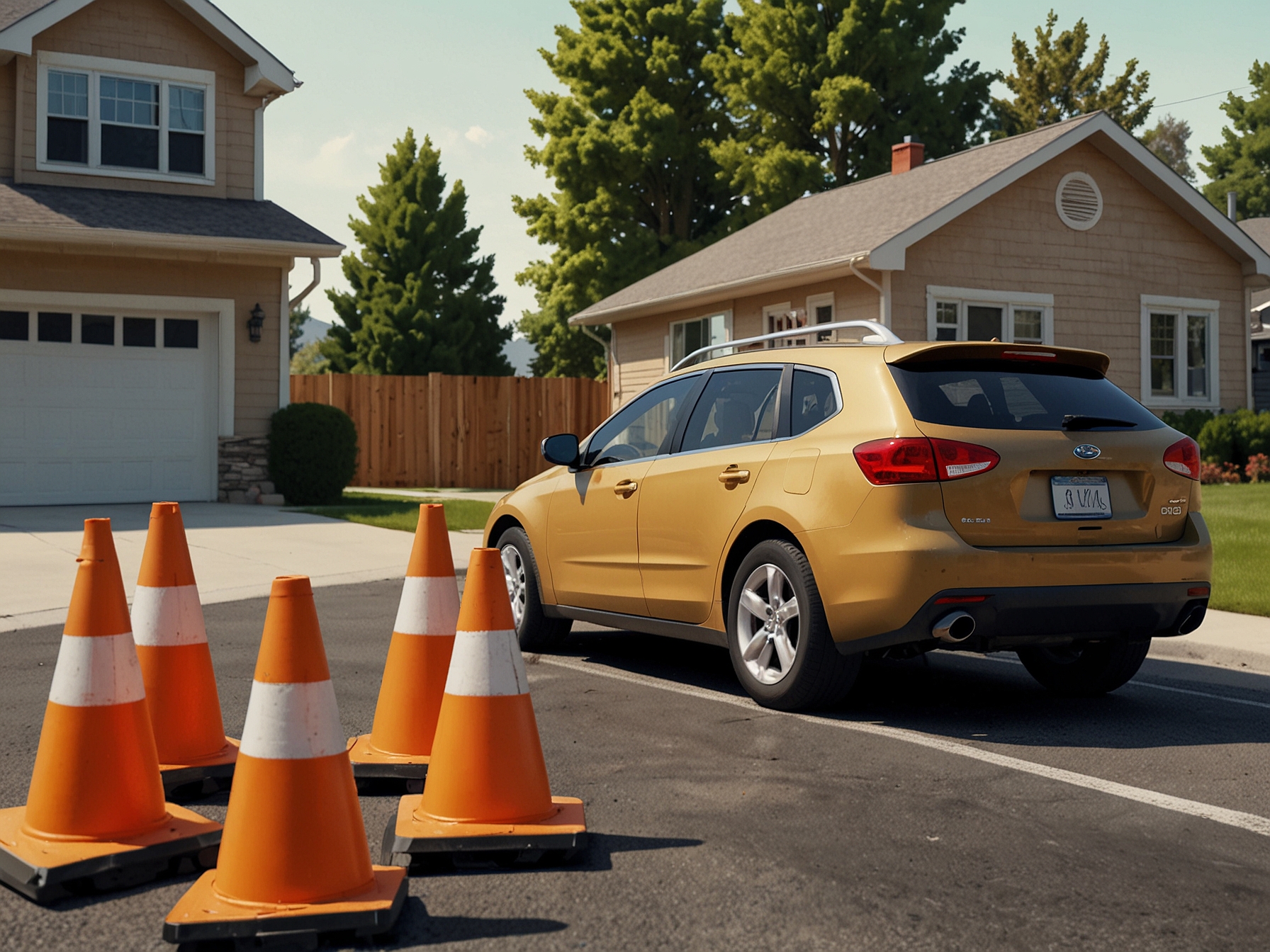A car with out-of-state plates is surrounded by oversized, colorful traffic cones in a typical suburban driveway, showcasing a unique and comically exaggerated barrier.