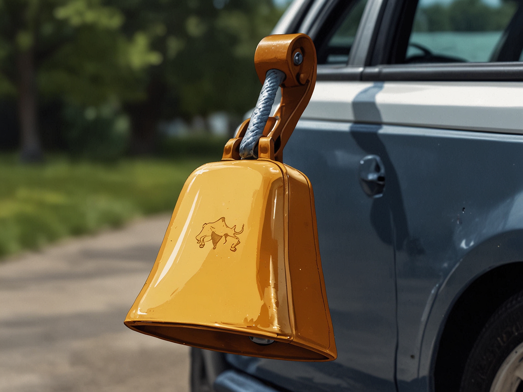 A large cow bell is hung from the side mirror of the car, adding a humorous Texan touch to the effective, harmless revenge for blocking the driveway.