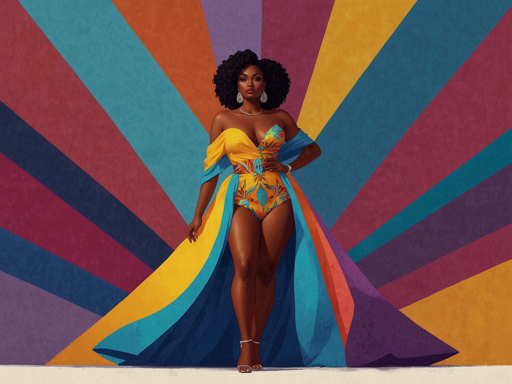 Ice Spice in a vibrant outfit flaunting her curves and exuding confidence, set against a colorful backdrop, making a strong visual statement about self-acceptance and empowerment.