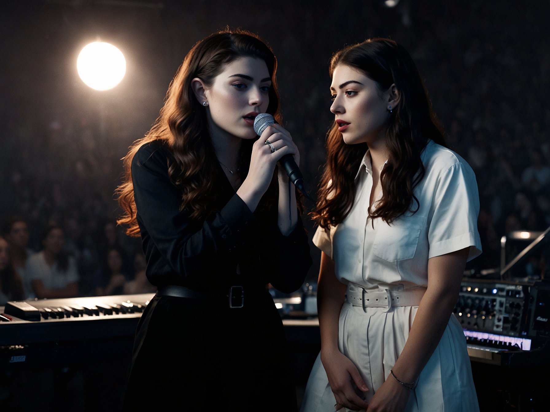 Lorde and Charli XCX performing together in a dimly lit studio, capturing the emotional intensity of their collaboration on the 'Girl, So Confusing' remix.