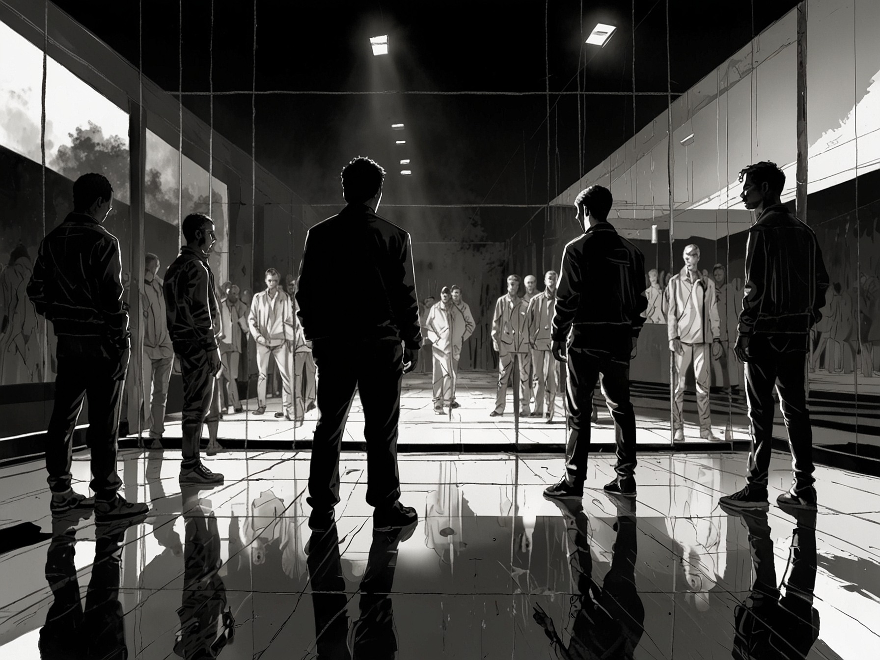 A scene from the music video showing mirrored reflections and shadowy figures, visually depicting the song's themes of insecurity and internal struggle.
