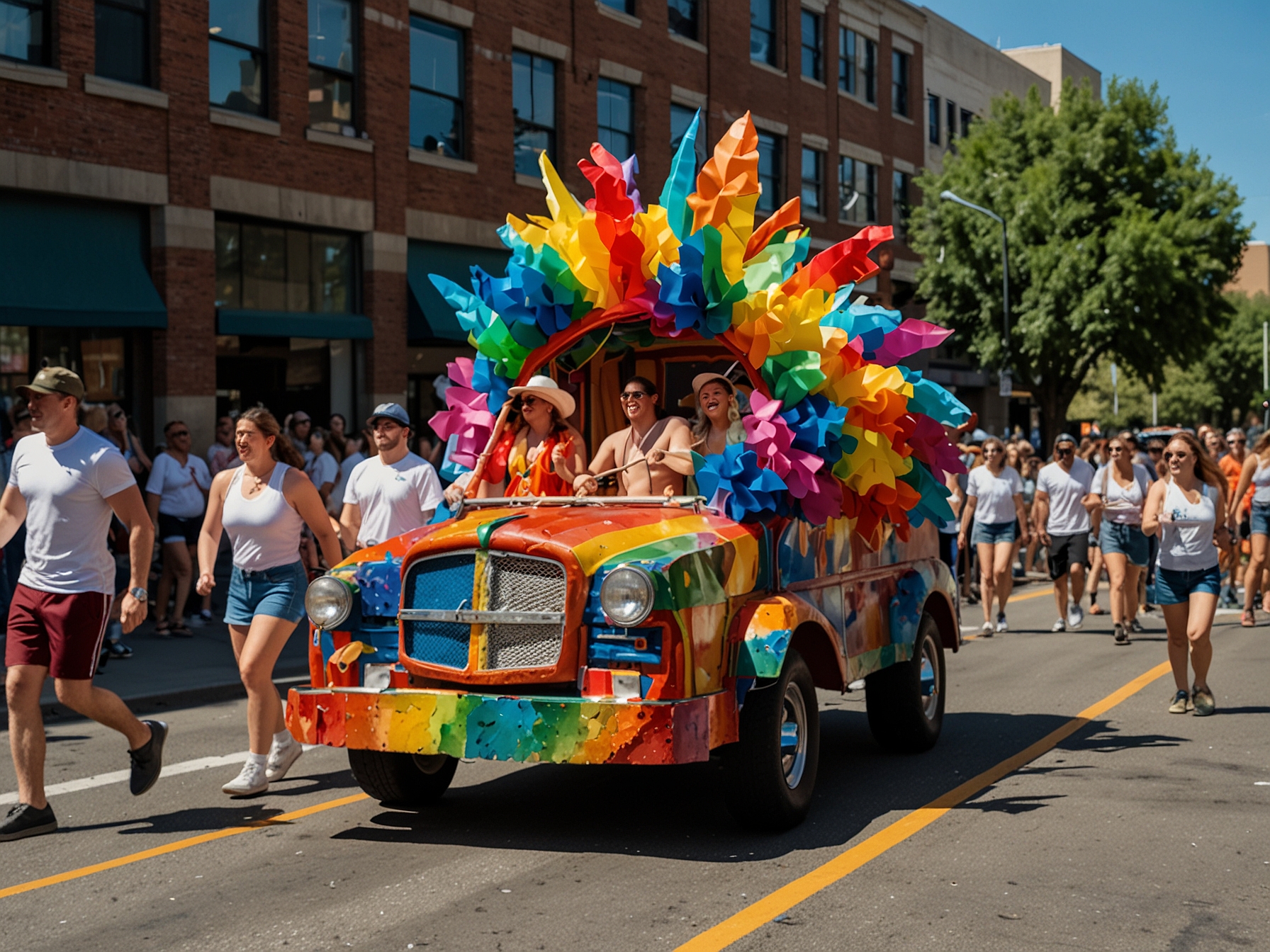 A colorful float with participants in vibrant costumes weaving through the streets during the Denver PrideFest 2024 parade, showcasing the festival's lively and inclusive spirit.