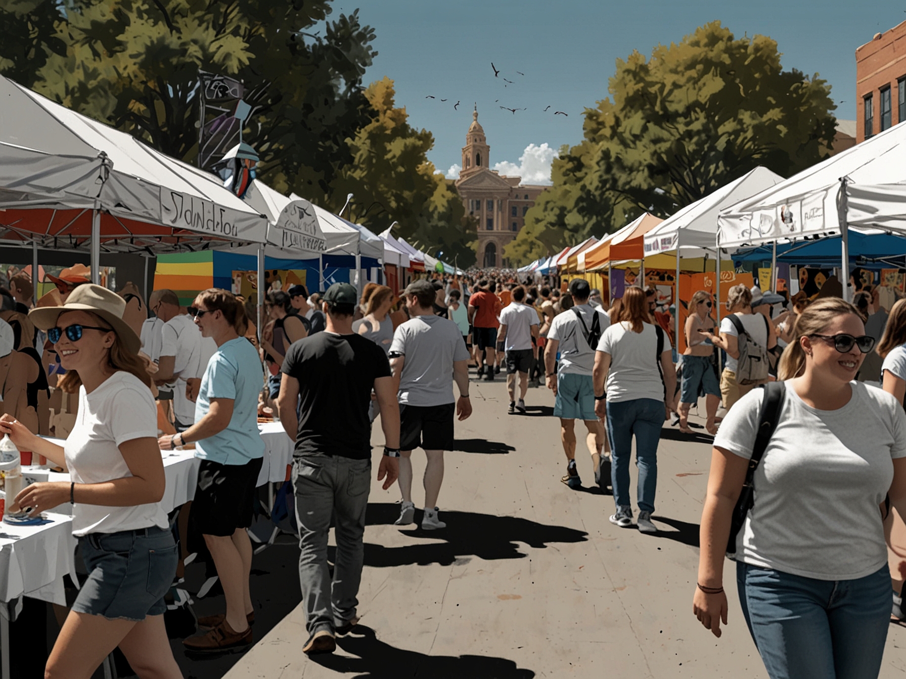 A bustling scene at the Denver PrideFest 2024 marketplace with attendees browsing vendor booths offering unique merchandise, food vendors, and informational resources.