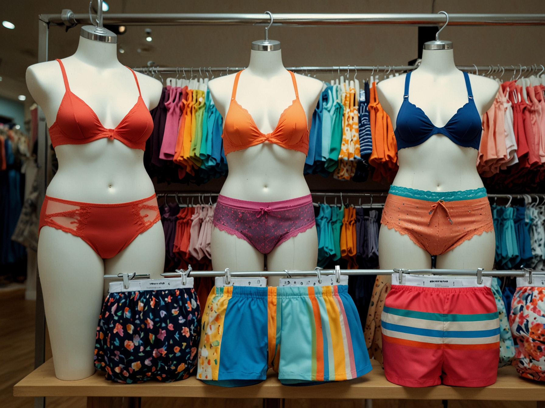 A vibrant display of Primark's new £7 undie sets in various colors and styles, showcasing their versatility as both underwear and swimwear alternatives.