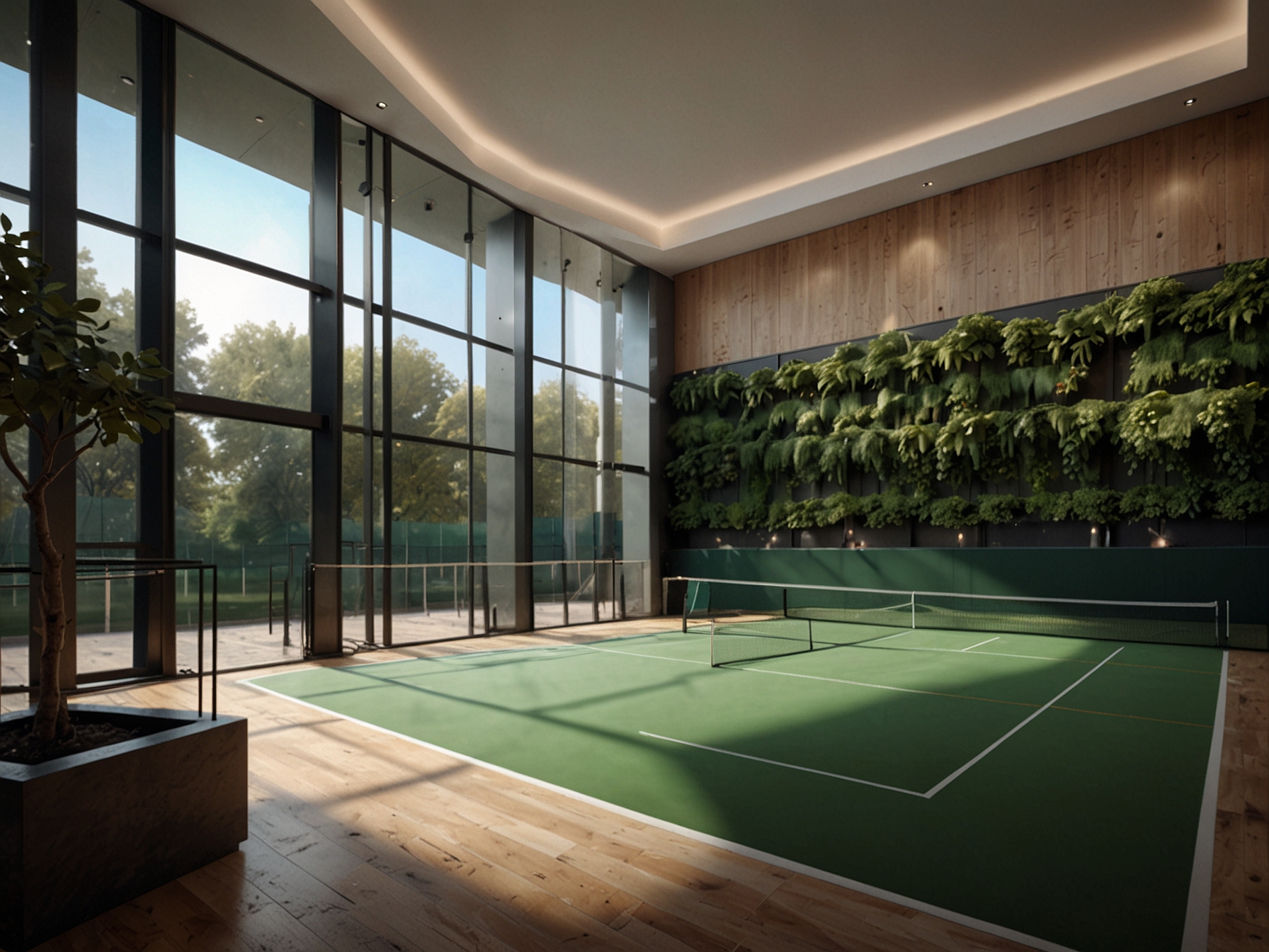 A stunning view of 9 Mulberry Square's gigantic indoor tennis court, boasting pristine playing surfaces and state-of-the-art lighting, providing residents a year-round tennis experience.