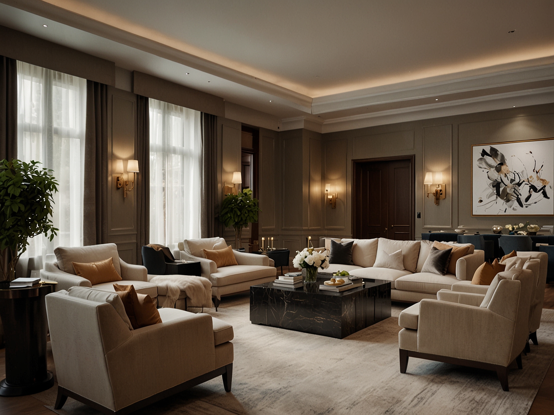 The elegant resident’s lounge at 9 Mulberry Square, complete with plush seating and sophisticated décor, ideal for intimate gatherings and fostering community interactions.