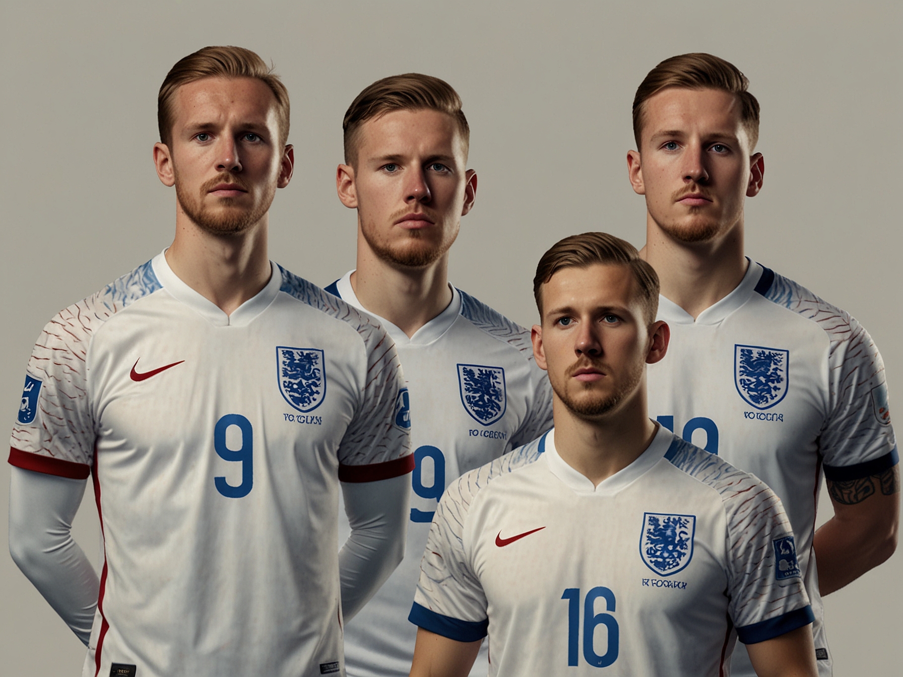An image of England's probable starting eleven against Slovenia, showing key players like Harry Kane, Jordan Pickford, and Declan Rice in their likely positions, set in a 4-3-3 formation.