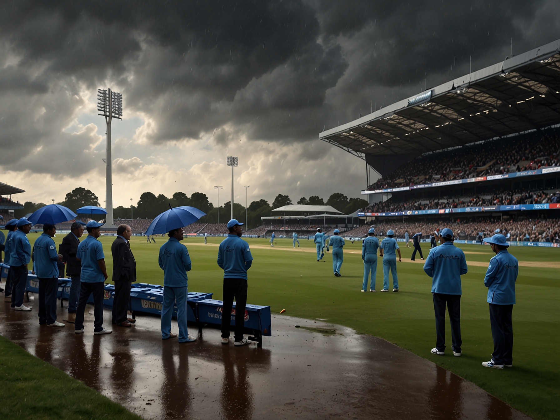 A dramatic scene at Edgbaston as players from India and England wait patiently during one of the lengthy rain delays that shortened the ICC Champions Trophy final to 20 overs per side.