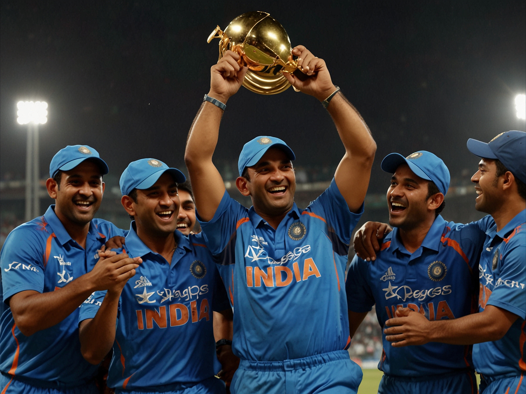 Indian captain Mahendra Singh Dhoni celebrates with teammates after clinching a thrilling 5-run victory over England in the 2013 ICC Champions Trophy final, adding another title to his legacy.