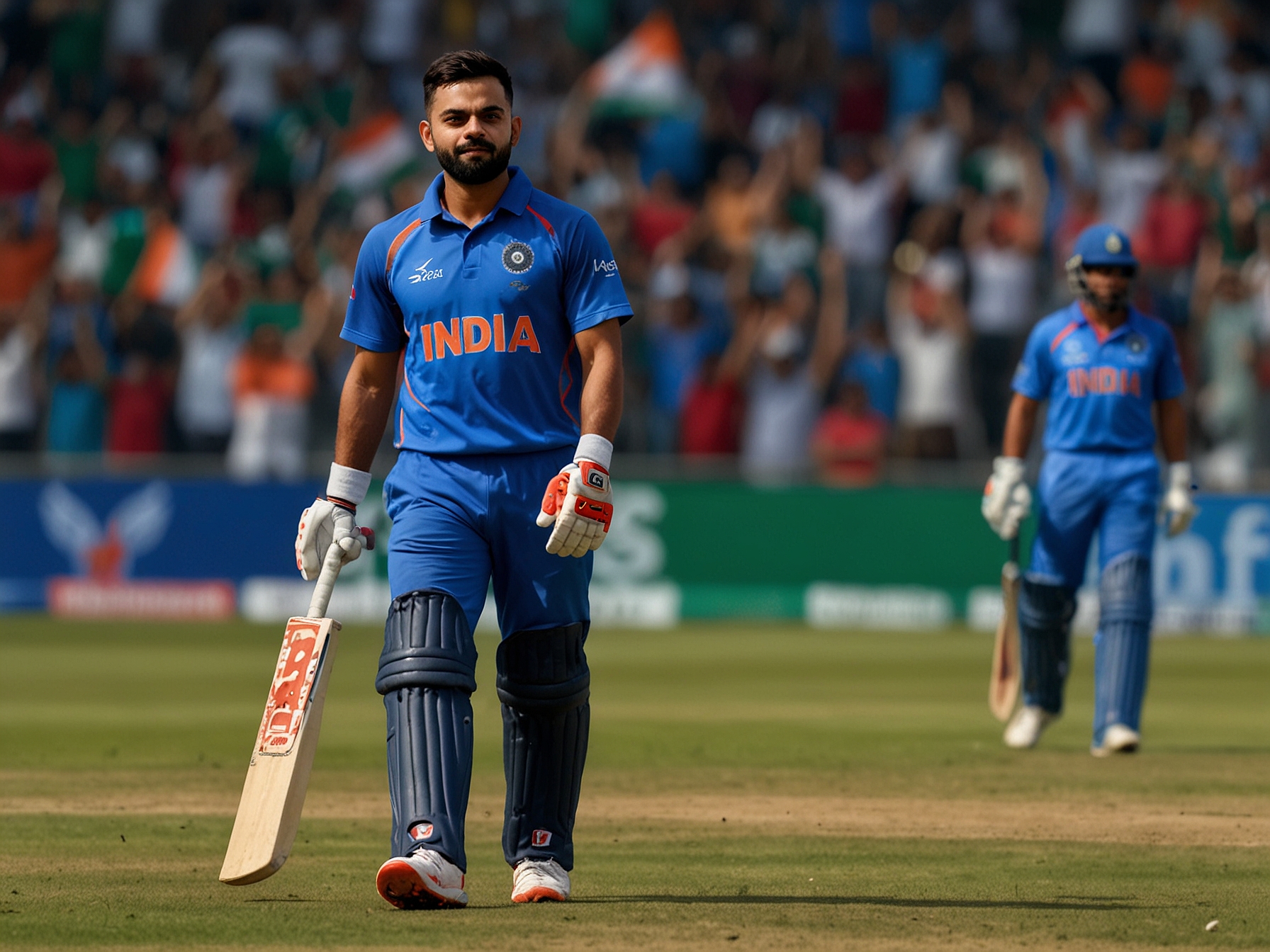 Virat Kohli walks back to the pavilion gracefully after his dismissal, amidst ecstatic celebrations by Bangladeshi fans. This image reflects the sportsmanship and the emotional highs of the India vs Bangladesh match.