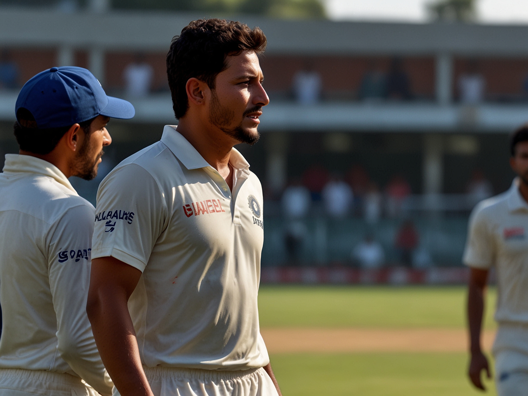 A close-up of Kuldeep Yadav strategizing with teammates on the field, highlighting his mental fortitude and camaraderie that make him an indispensable part of the Indian cricket team.