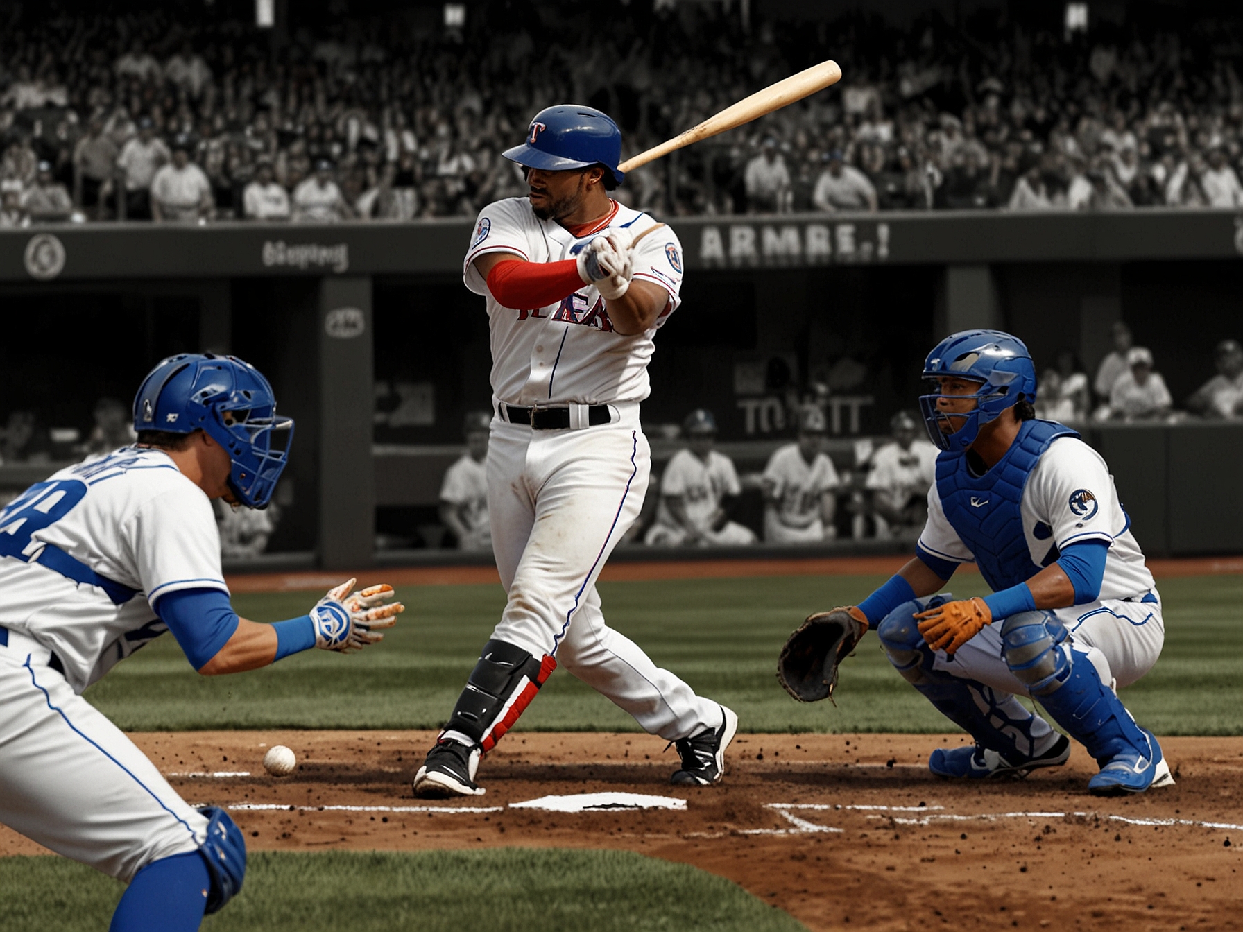 Texas Rangers' batter connects with a pitch, driving in one of the six runs in their dominant win over the Kansas City Royals. The image highlights the contrast in offensive execution between the two teams.