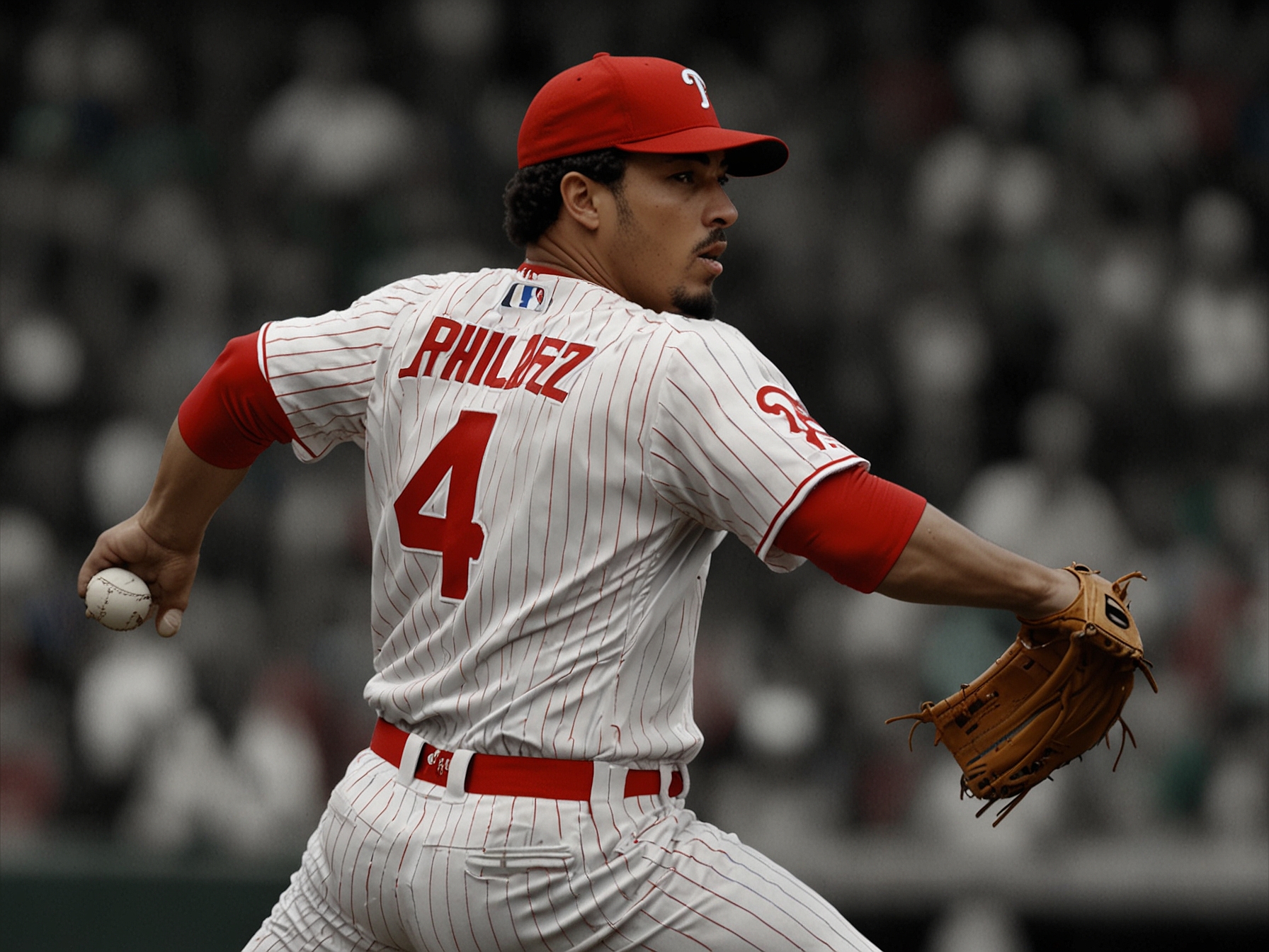 Cristopher Sanchez, wearing his Phillies uniform, delivers a powerful pitch during an intense game. His focused expression and dynamic form highlight his role as a key player in the team's pitching staff.