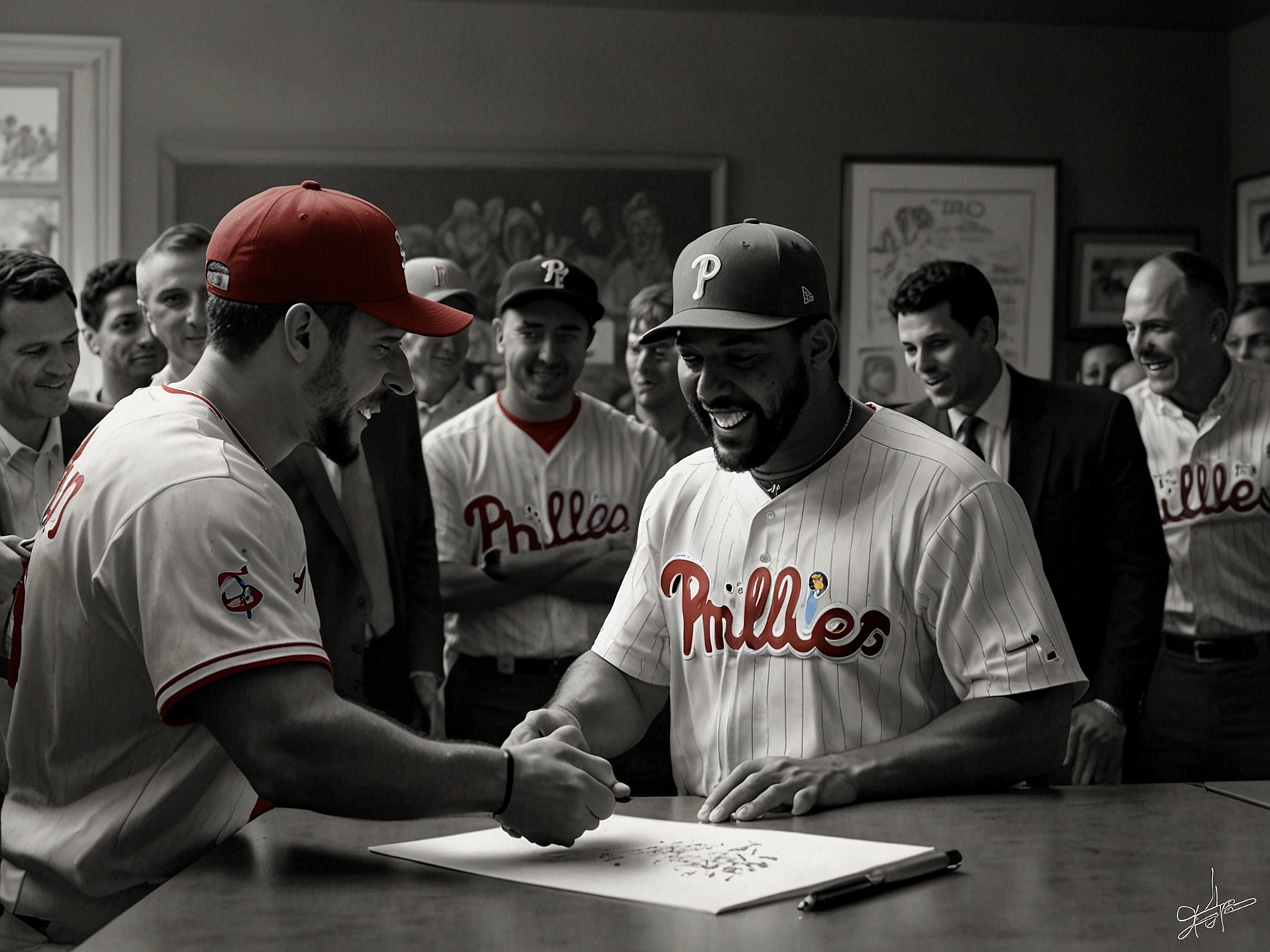 A celebratory moment as Phillies management and Cristopher Sanchez sign the four-year contract extension. The image captures the mutual commitment and excitement for Sanchez's continued presence with the team through 2028.
