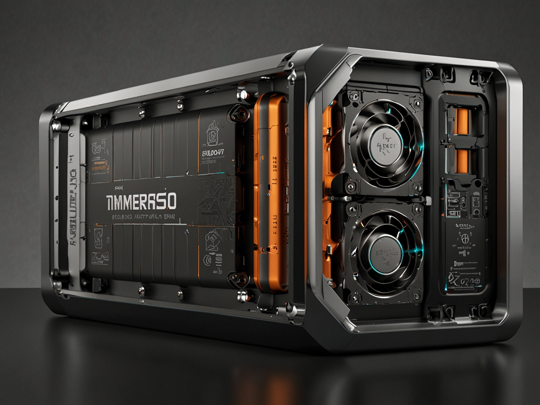 An illustration of the IMMERSIO™ XE50 battery system with detailed cross-sectional views showcasing its advanced immersion cooling technology and compact design.