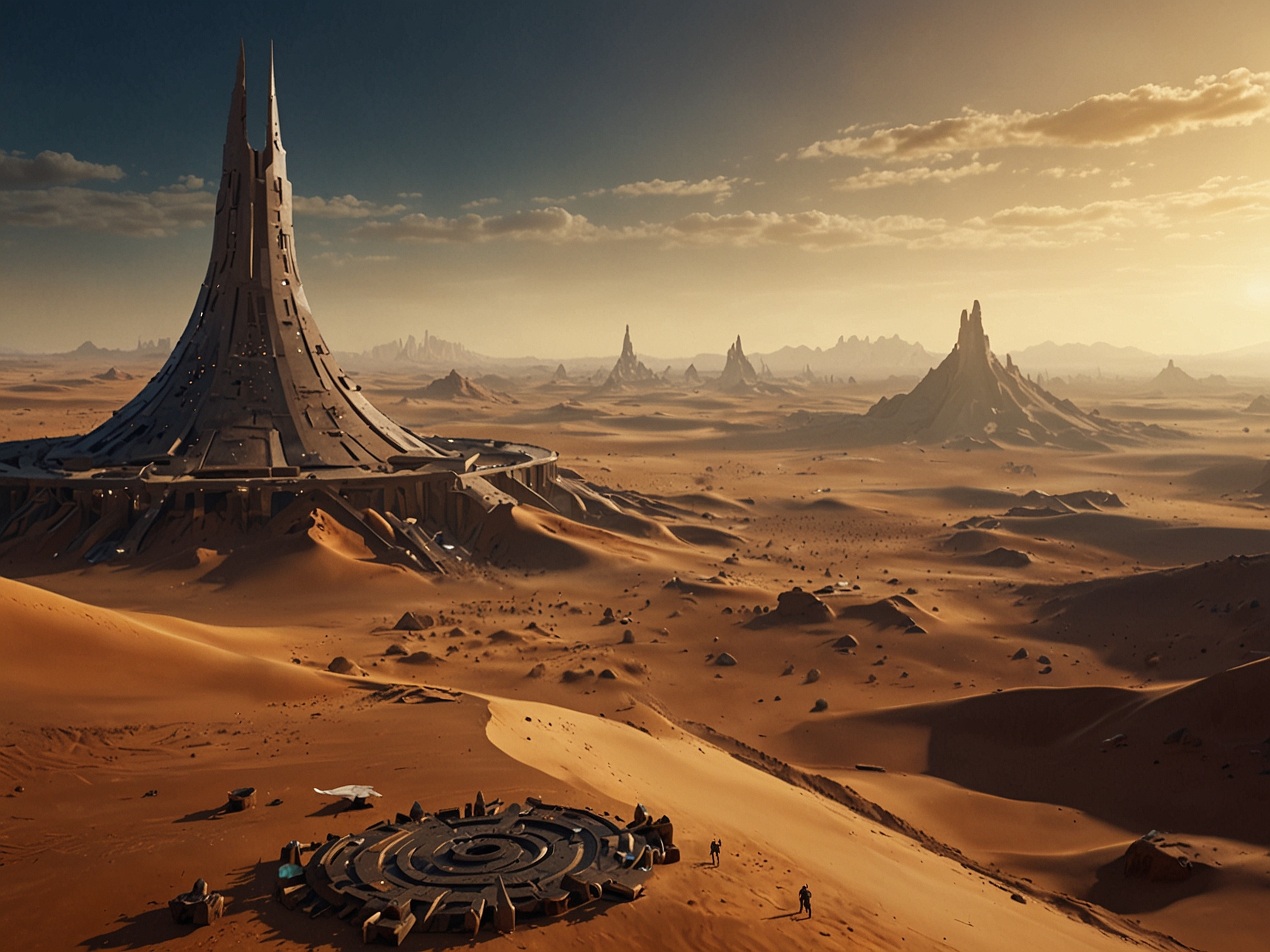 A breathtaking view of reimagined Arrakis, featuring vast deserts, bustling seitch communities, and monumental cities. Advanced AI and adaptive environments amplify the immersive experience.