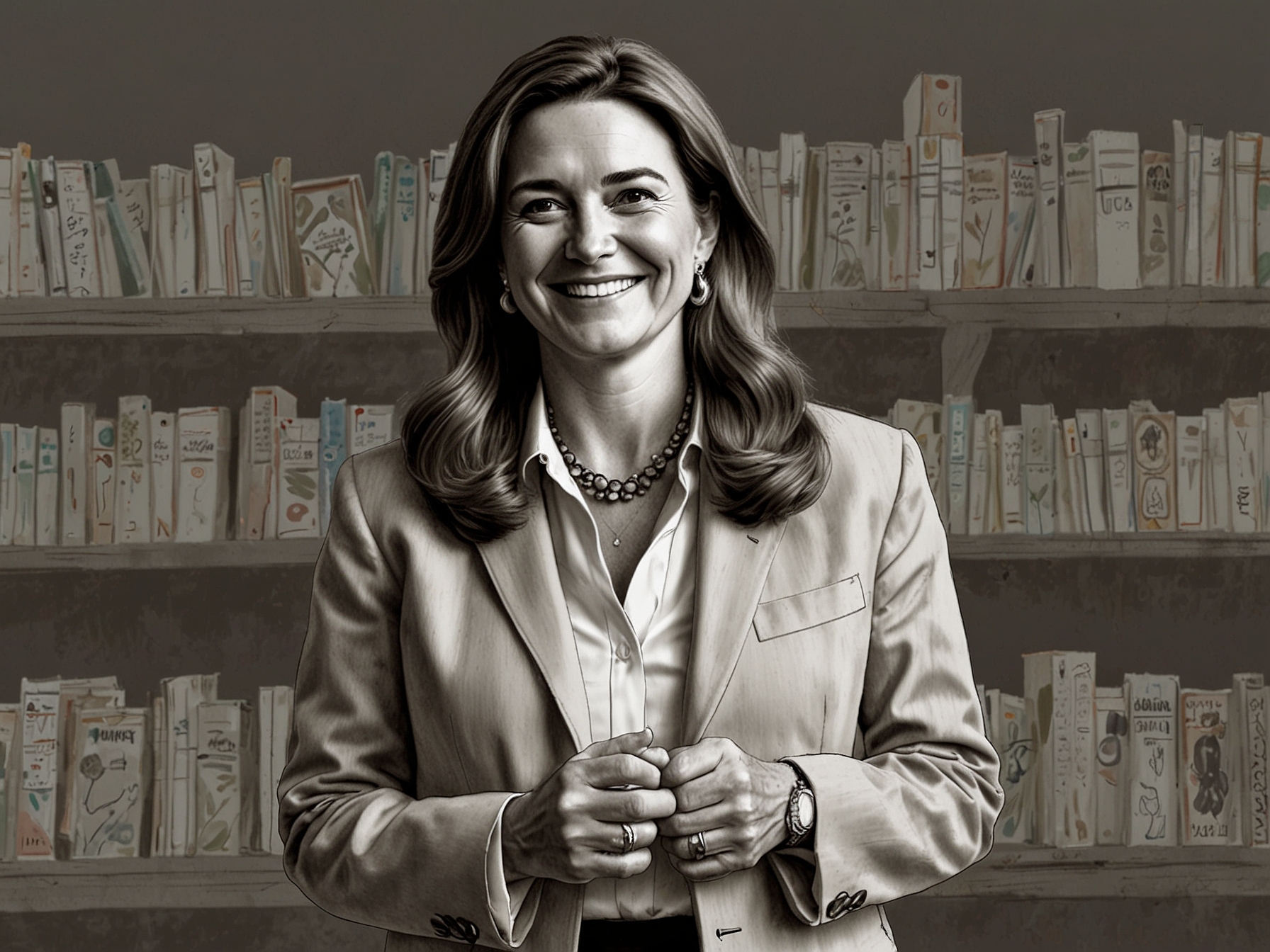 An illustration featuring Melinda Gates highlighting her endorsement of Joe Biden, emphasizing his commitment to healthcare, women's rights, and social equity.
