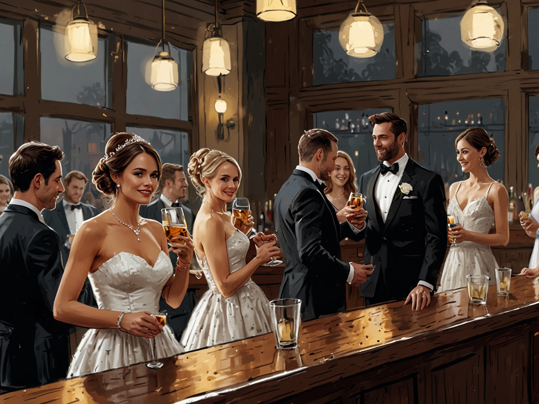 Illustration of a wedding reception where guests queue up at a bar to exchange drink tickets for their beverages, reflecting the bride's control over alcohol consumption.