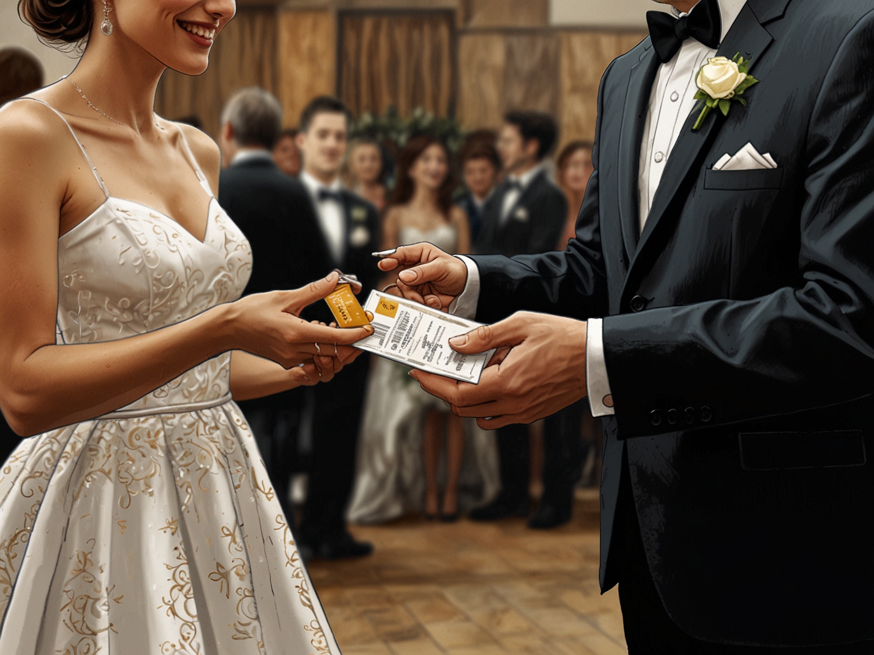 Close-up of drink tickets being handed out at a wedding entrance, symbolizing the debate surrounding the bride's decision to manage drinking and ensure guest safety.