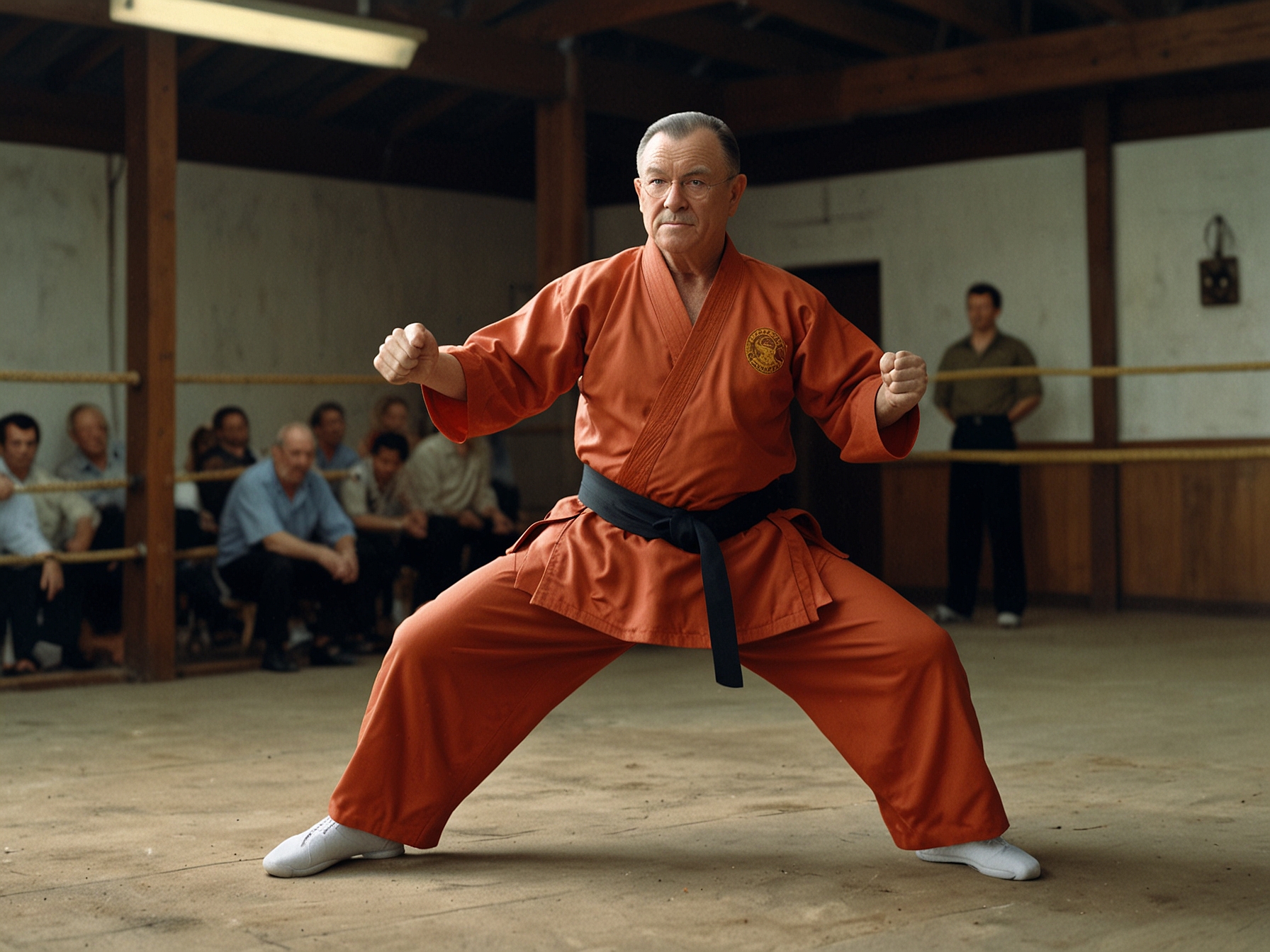A promotional still from 'Big Stan' showing Stan Minton, the main character, practicing martial arts under the guidance of his quirky and flamboyant martial arts guru.