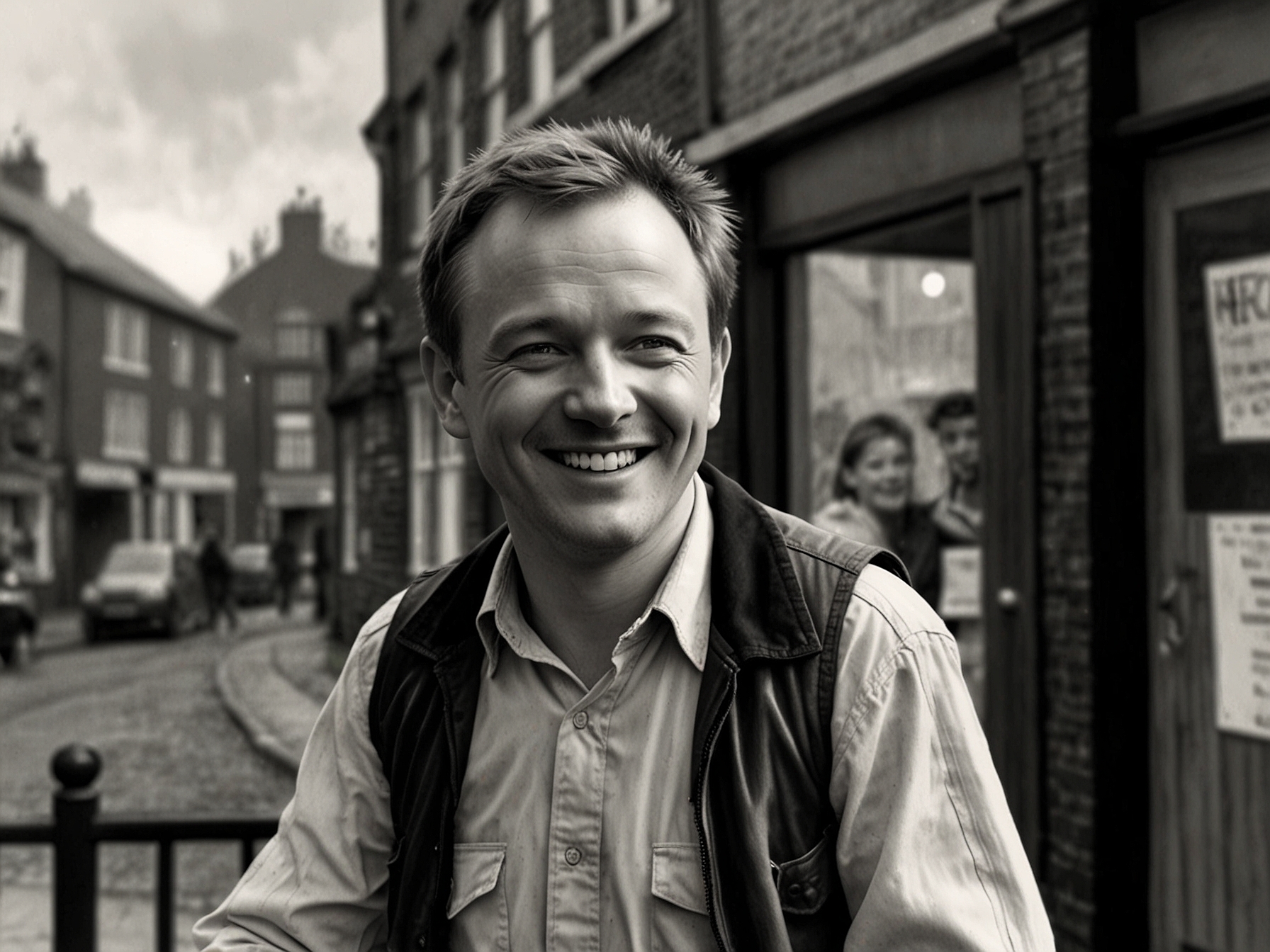A black-and-white photograph of Terry Joyce smiling warmly, taken during his time on Byker Grove. Colleagues and fans remember his charismatic presence and comedic talent fondly.