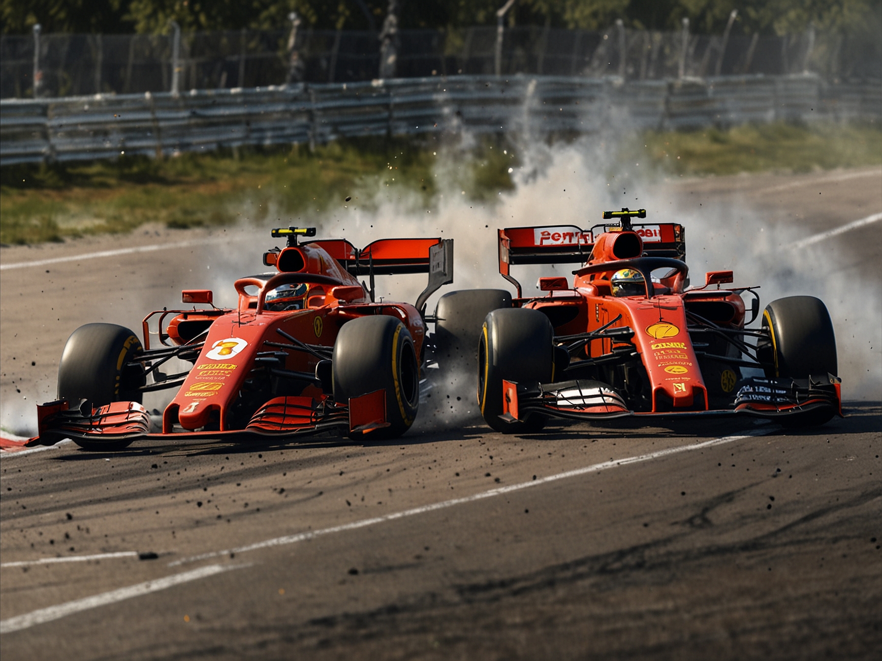 Charles Leclerc (Ferrari) and Lando Norris (McLaren) in the intense moment of collision during the Spanish Grand Prix, showcasing the razor-thin margins and high stakes of Formula 1 racing.
