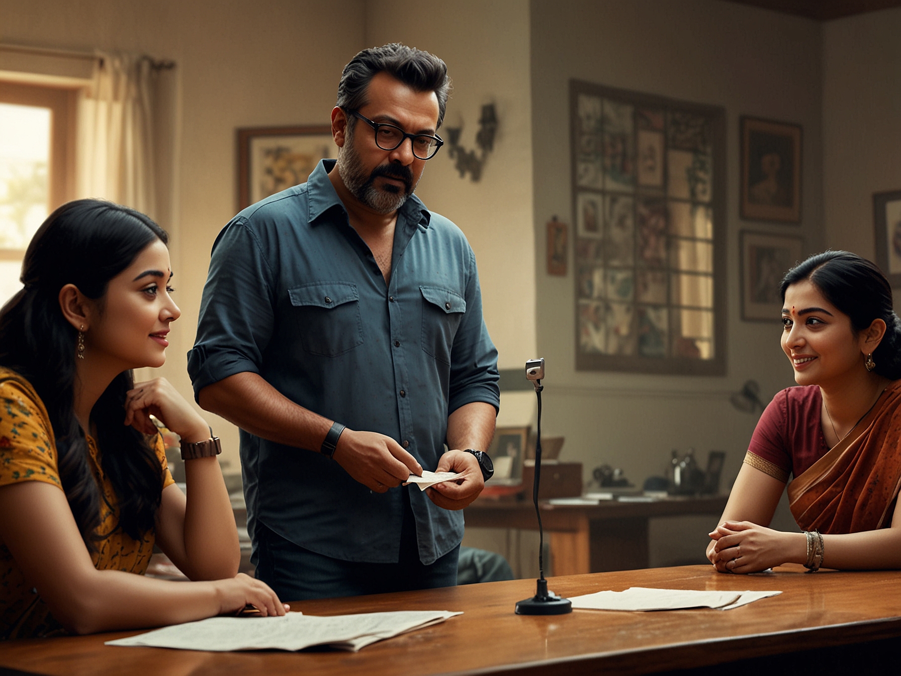 Director Anurag Kashyap discusses with the ensemble cast of 'Animal', including Bobby Deol, Anil Kapoor, Rashmika Mandanna, and Triptii Dimri, highlighting the movie's exploration of flawed humanity.