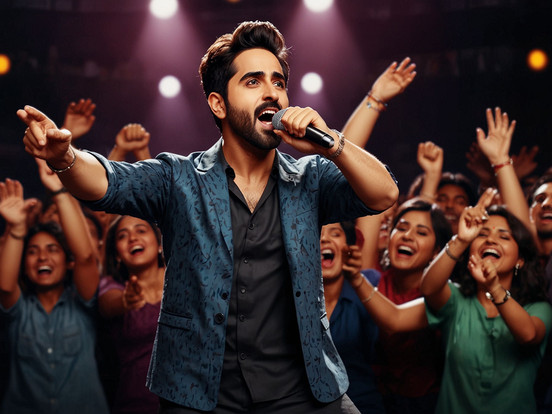 Ayushmann Khurrana performing passionately on stage, with vibrant lighting and an energetic audience, symbolizing the excitement and anticipation of his new track 'Reh Ja'.