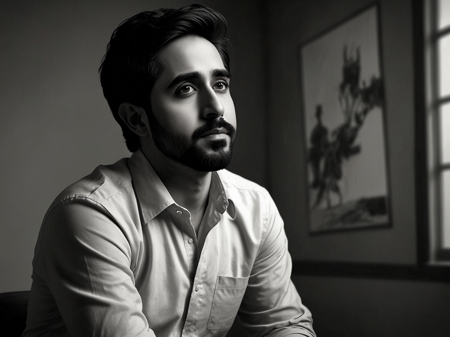 A serene image of Ayushmann Khurrana in a contemplative pose, possibly in a studio setting, reflecting the soulful and introspective nature of his upcoming song 'Reh Ja'.