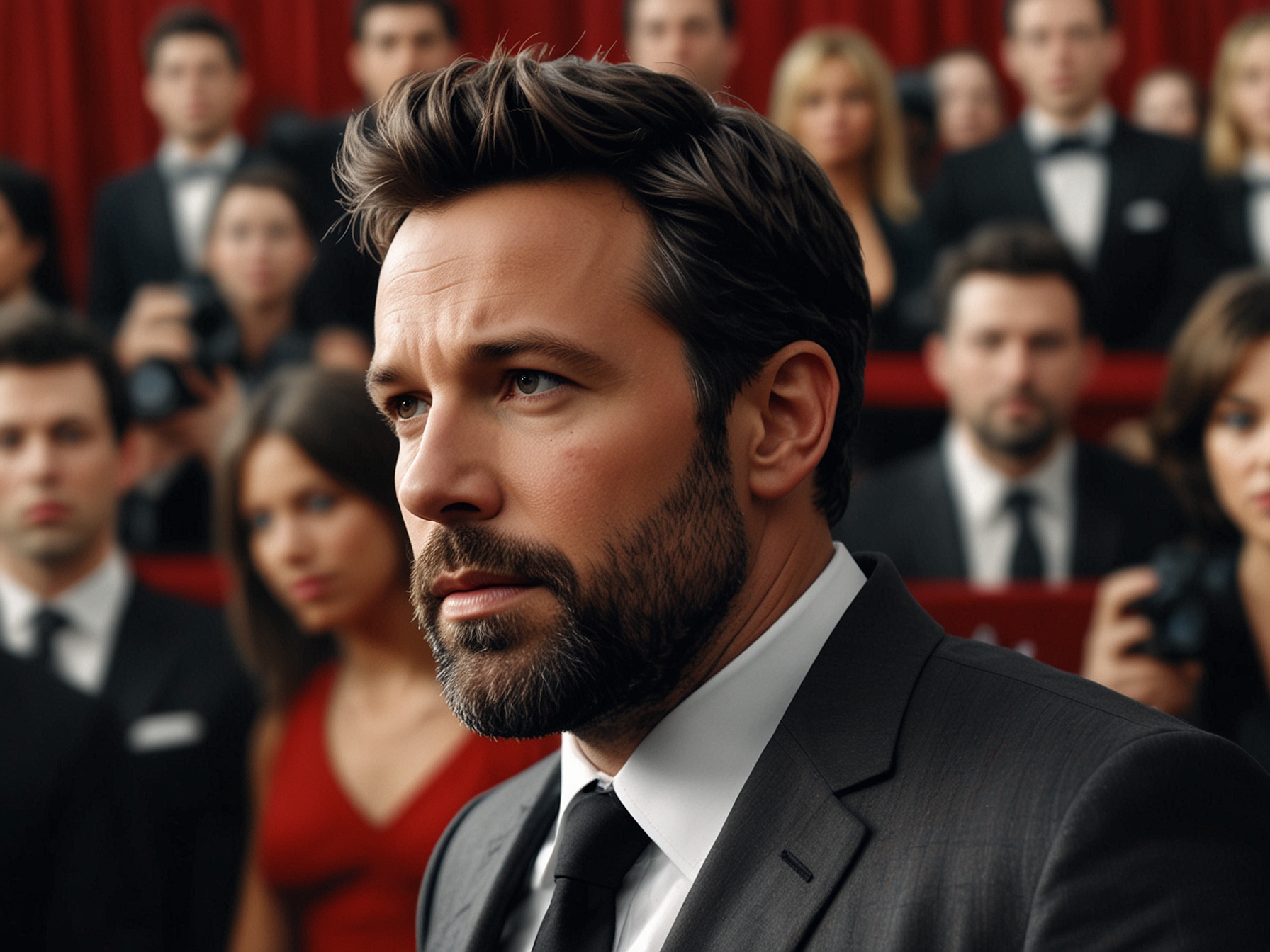 Ben Affleck on the red carpet, with a solemn expression, amidst flashing cameras and fans, perhaps reflecting the public scrutiny affecting his personal and professional life.