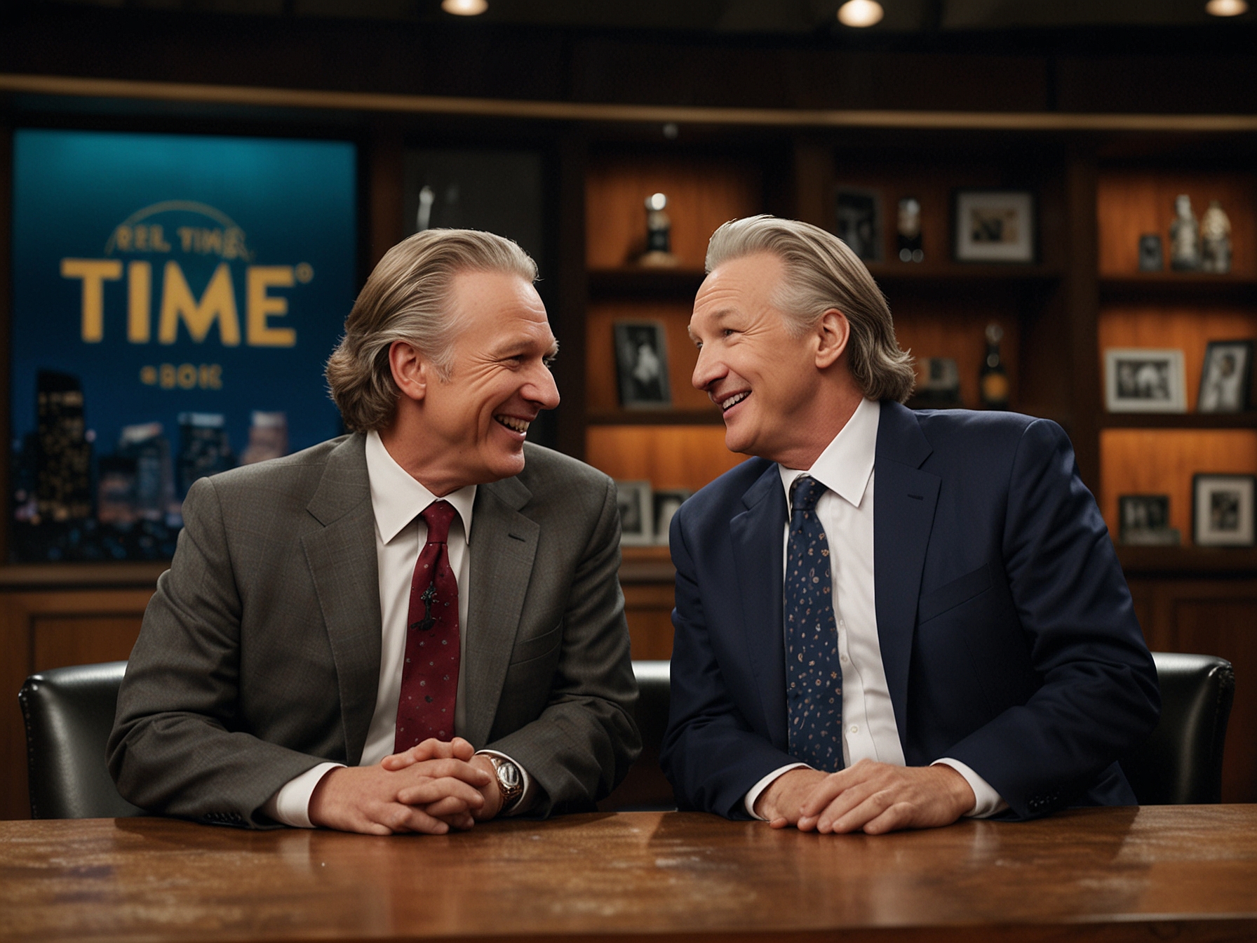 Bill Maher and Jiminy Glick share a laugh on the set of 'Real Time,' showcasing their dynamic comedic chemistry. The set design, simple yet nostalgic, provides a perfect backdrop for their hilarious interaction.