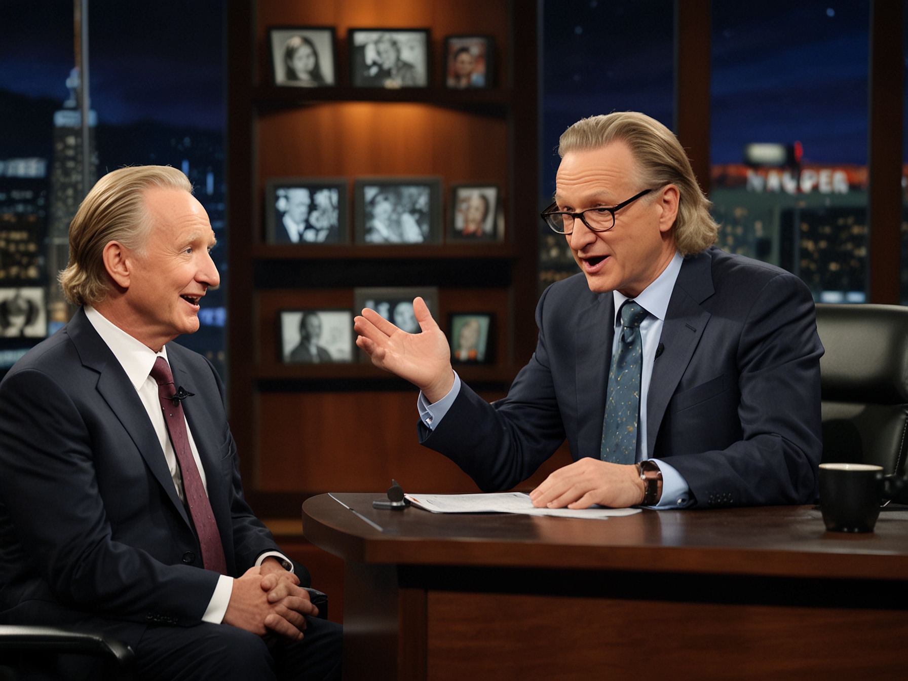 Jiminy Glick fumbles with cue cards while Bill Maher reacts with a bemused expression. This moment captures the spontaneous humor that defines the interview, blending Glick's awkwardness with Maher's sharp wit.