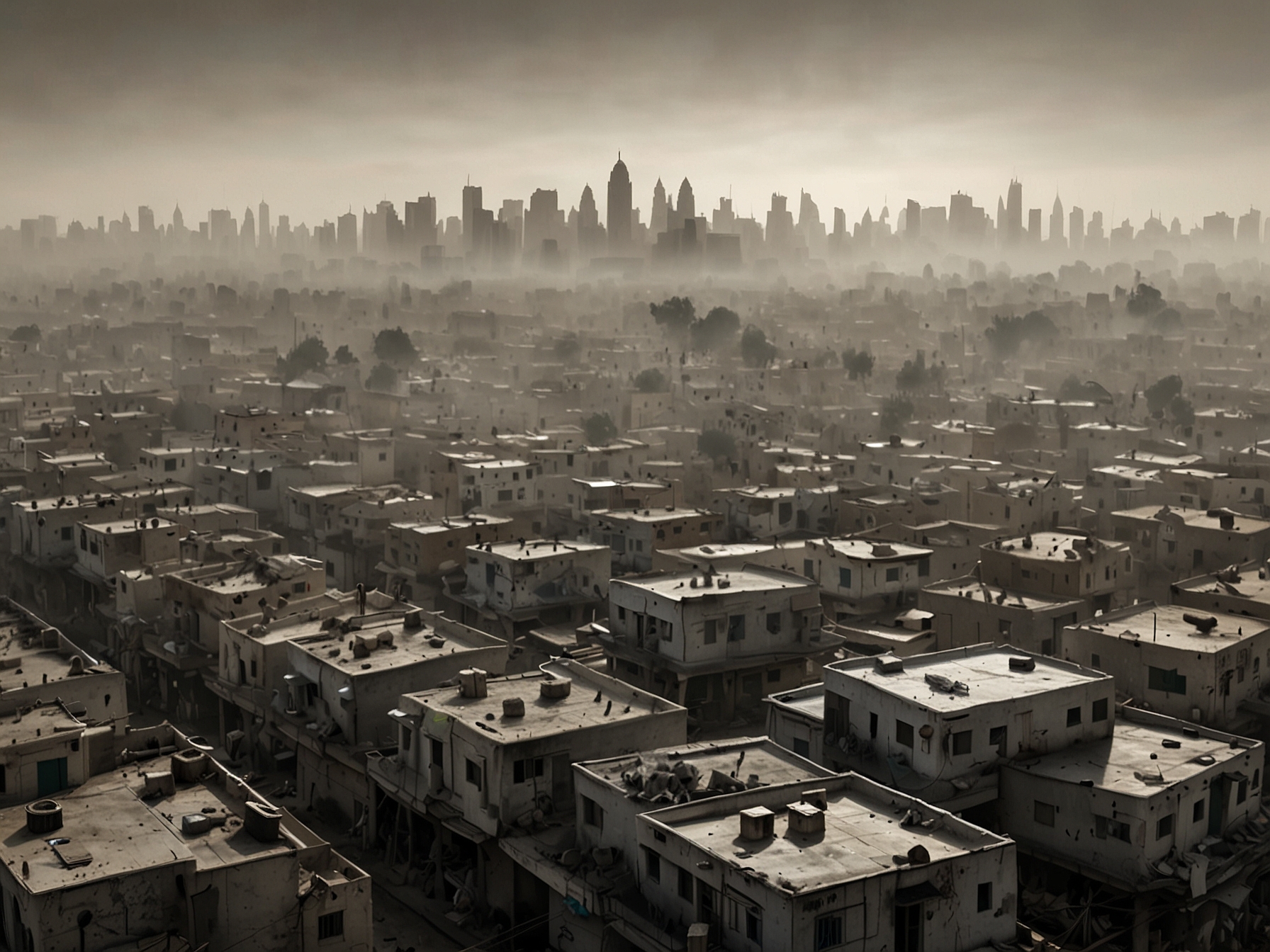 A densely populated Indian city covered in smog, illustrating the severe air pollution problem and the urgent need for stricter air quality standards and sustainable practices.