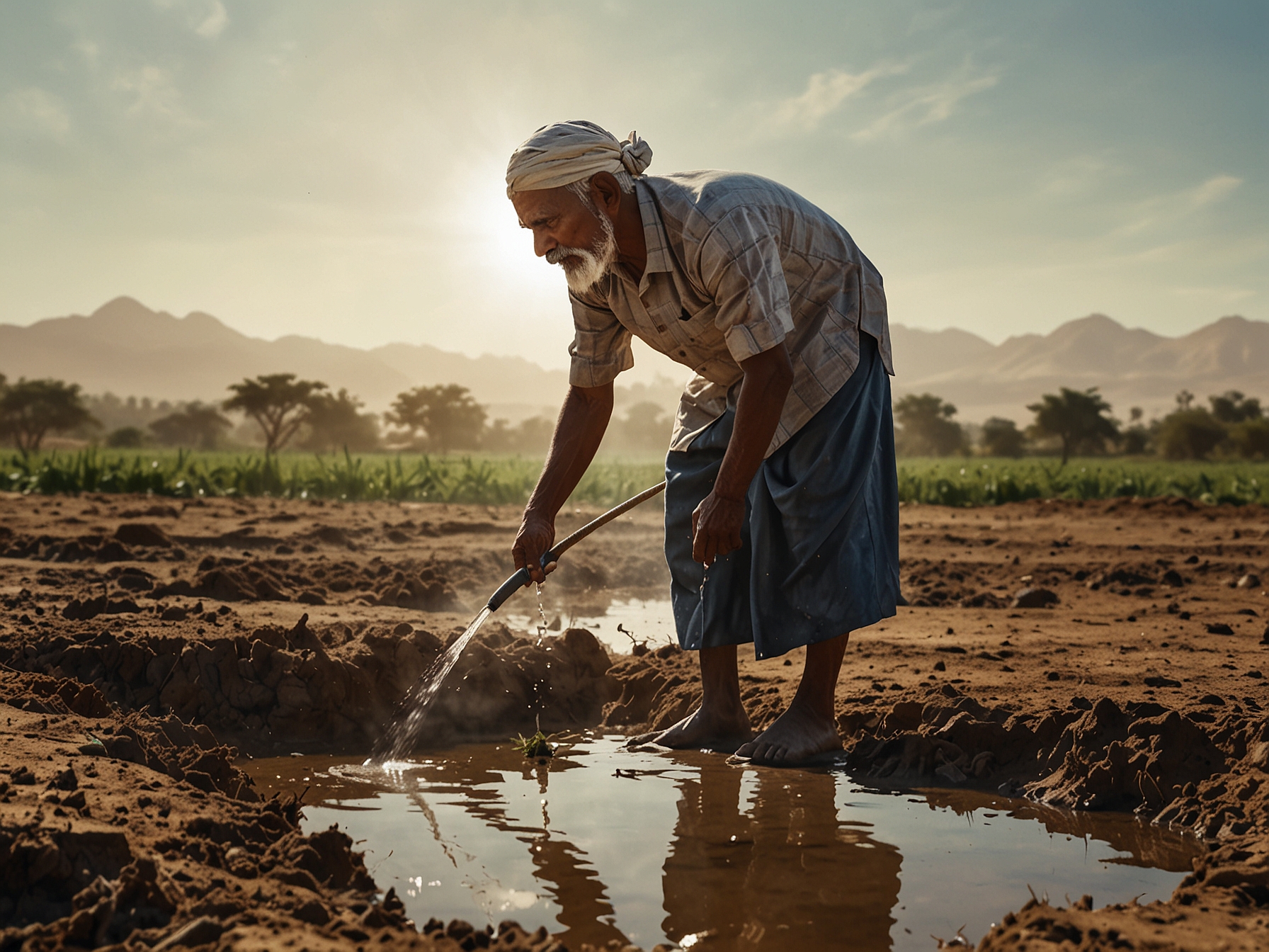An Indian farmer using modern irrigation techniques in a drought-prone area, highlighting the critical issue of water scarcity and the importance of efficient water management policies.