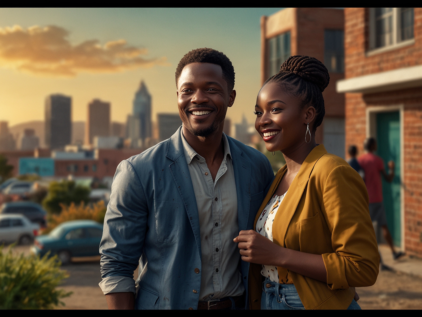 Lawrence Maleka and his co-star share a light-hearted moment, showcasing their chemistry against a vibrant South African cityscape in Netflix's Lobola Man.