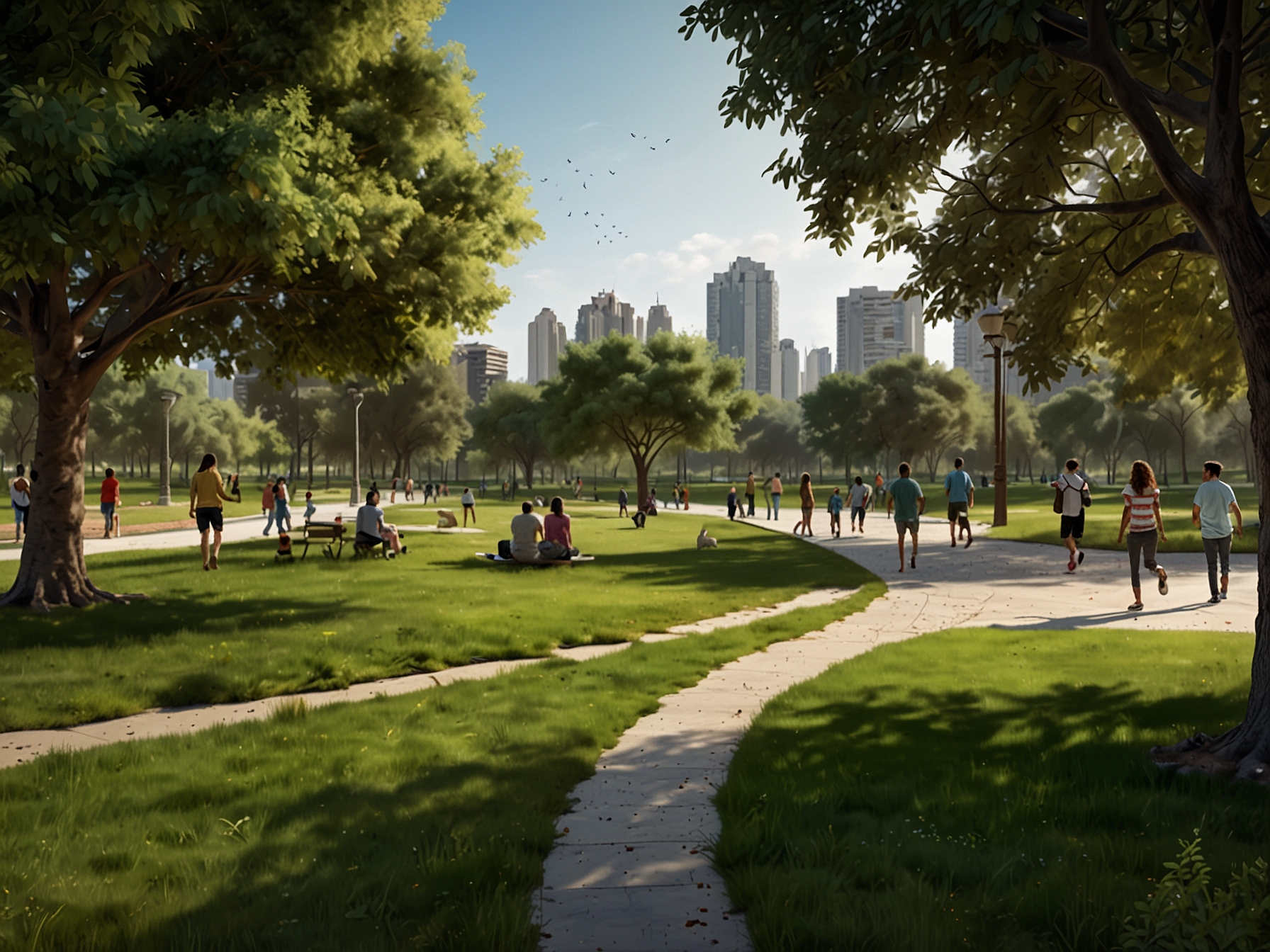 A view of Malha’s green spaces with families enjoying the parks, highlighting the neighborhood’s commitment to a high quality of life and its integration of natural beauty within urban development.