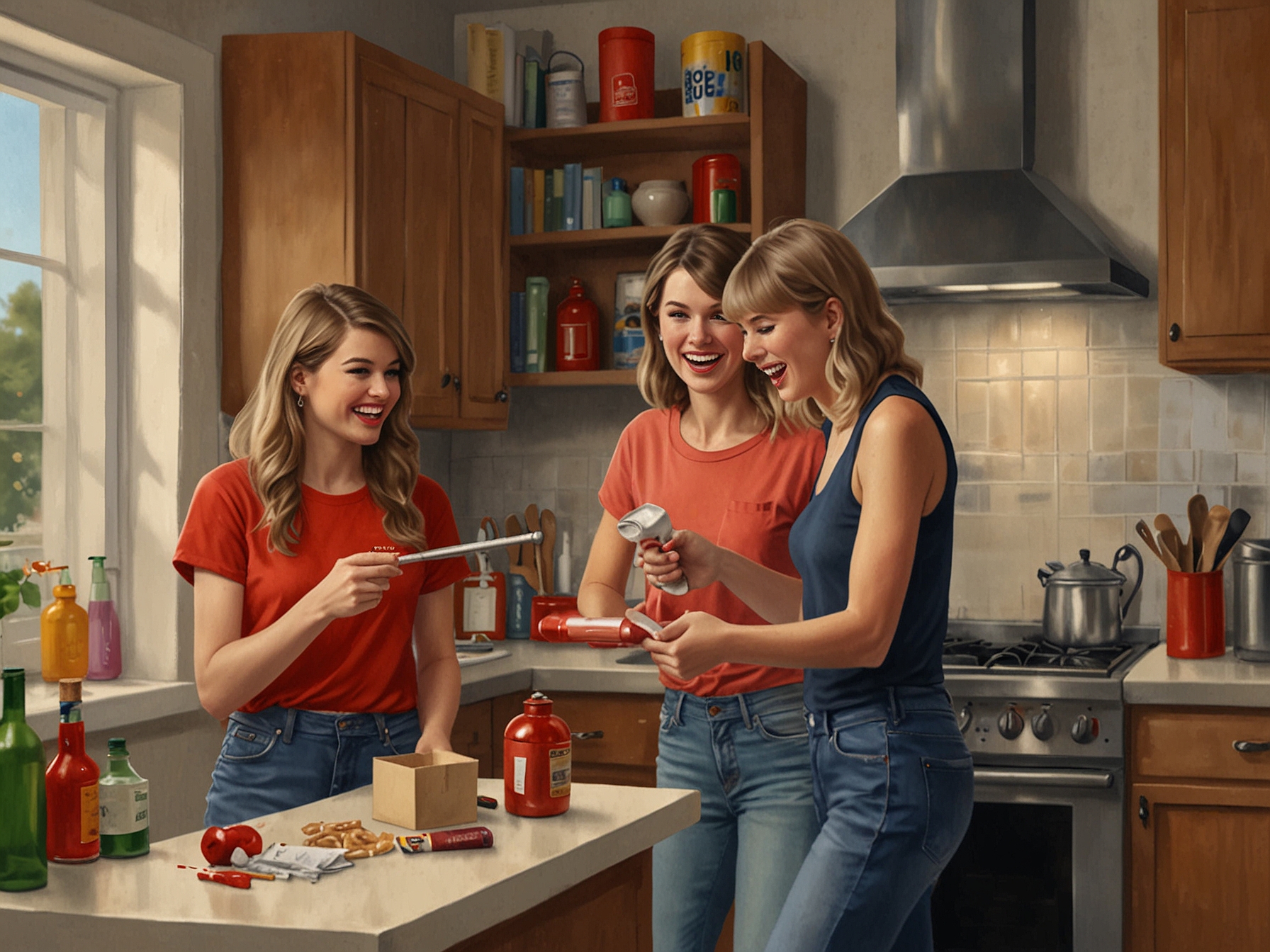 Gracie Abrams and Taylor Swift are captured in a lighthearted moment in Abrams' kitchen, with Swift holding a fire extinguisher and smiling after successfully putting out a small fire.